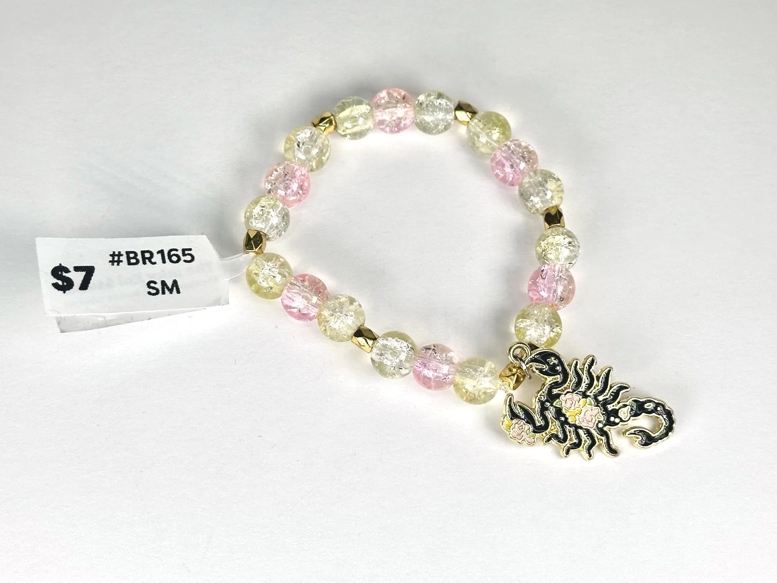 Medium Scorpion Charm Pink, Yellow & Gold Beaded Stretch Bracelet | Glass & Acrylic Beaded Metal Charm Bracelet