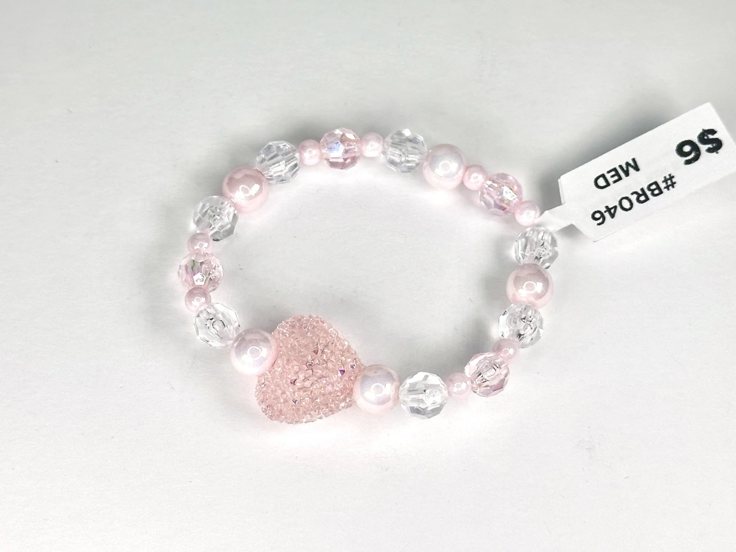 Medium Jelly Heart Pink & Clear Beaded Stretch Bracelet | Acrylic Beaded Charm Bracelet