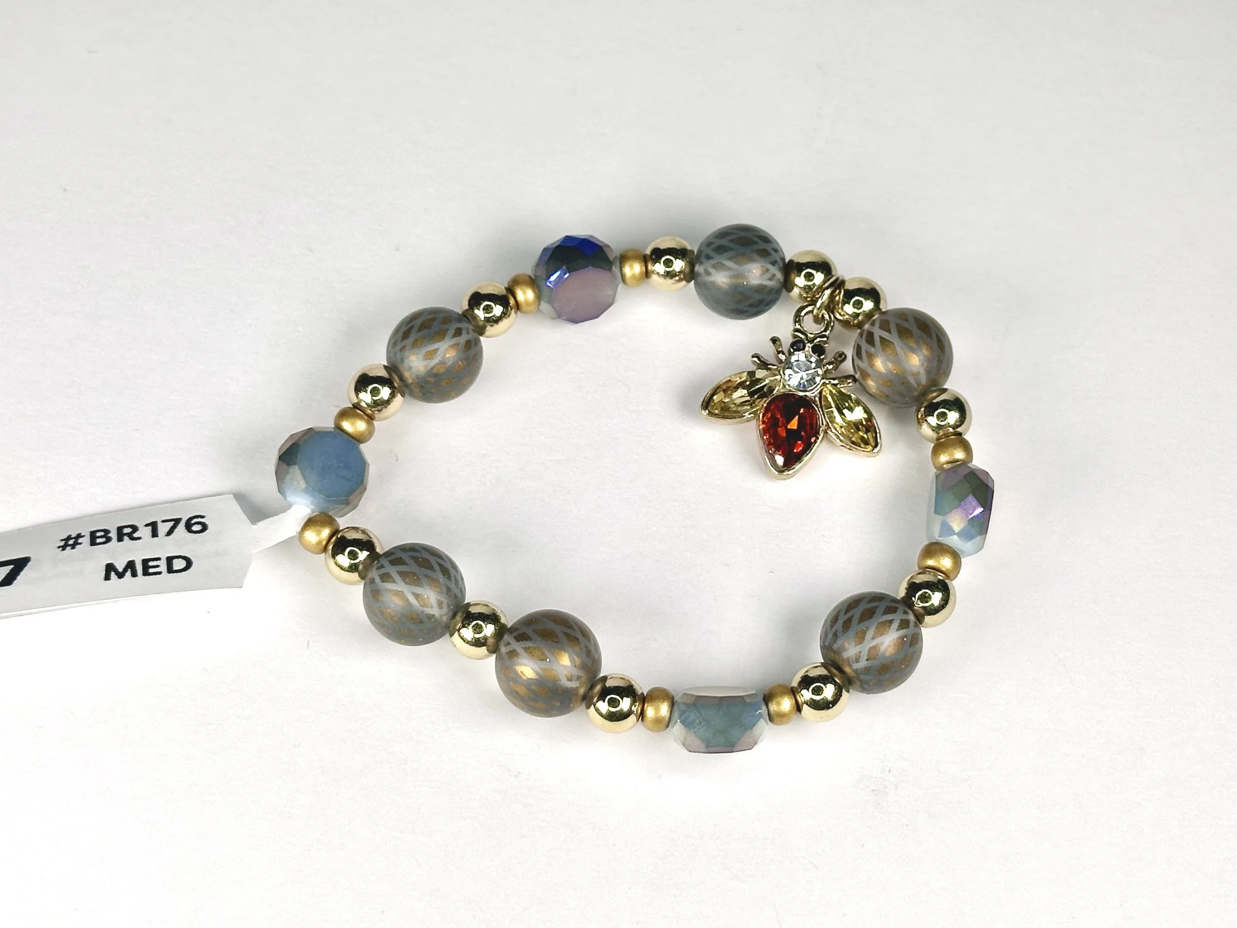 Medium Crystal Bug Charm Blue & Gold Beaded Stretch Bracelet | Glass & Acrylic Beaded Charm Bracelet