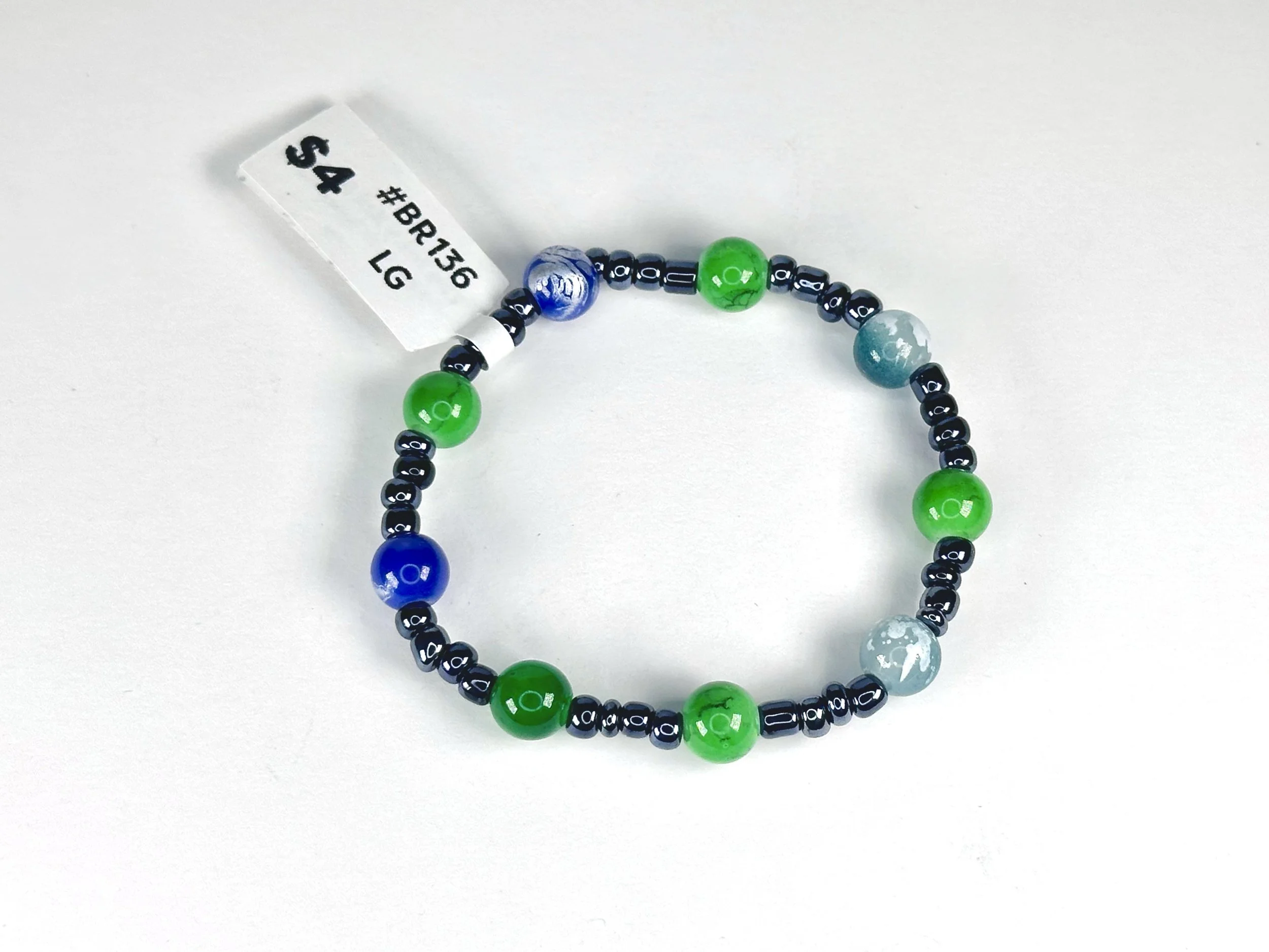 Large Green & Navy Beaded Stretch Bracelet | Seed & Glass Bead Bracelet