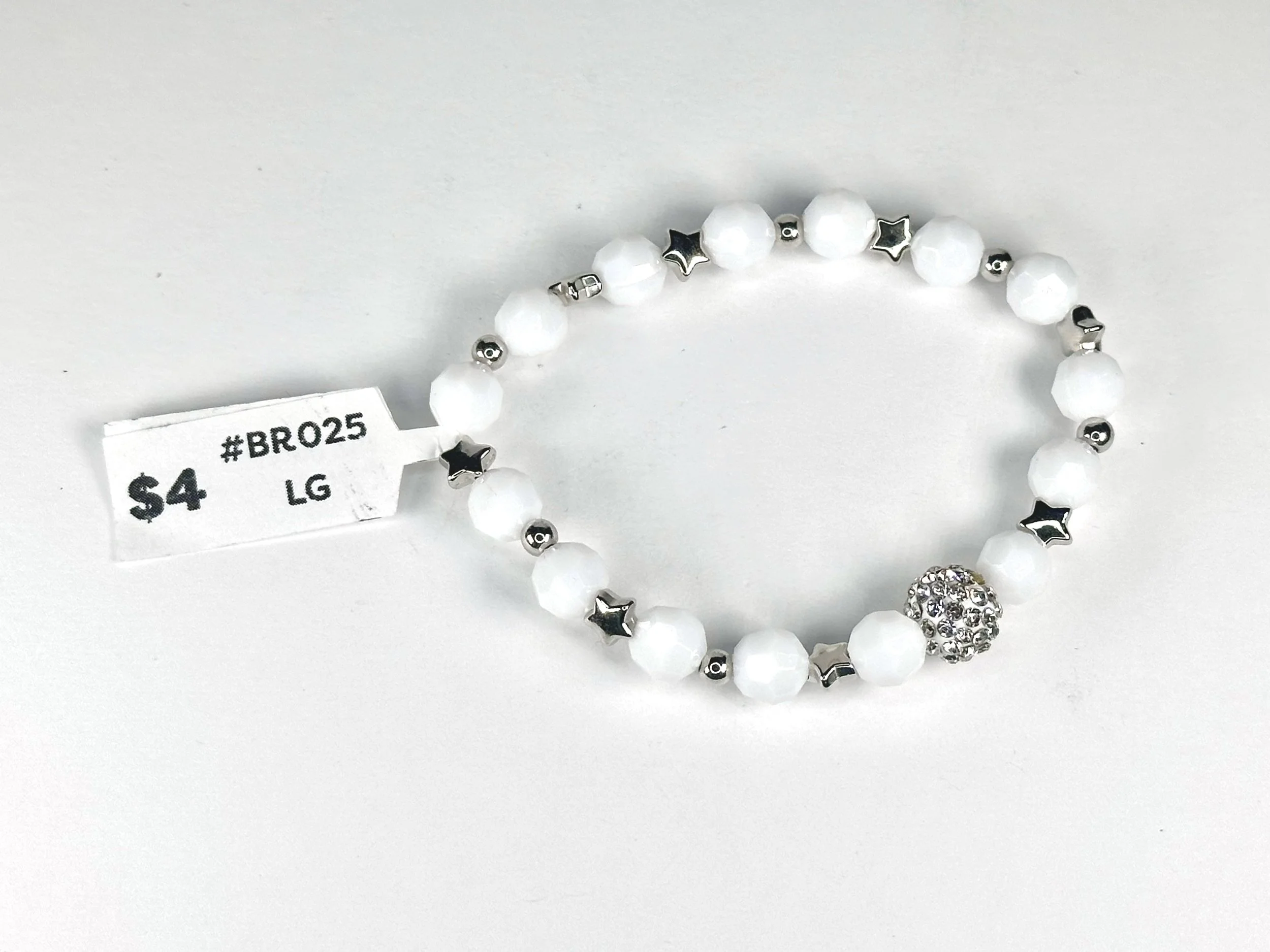 Large White & Silver Beaded Stretch Bracelet | Acrylic & Crystal Beaded Bracelet