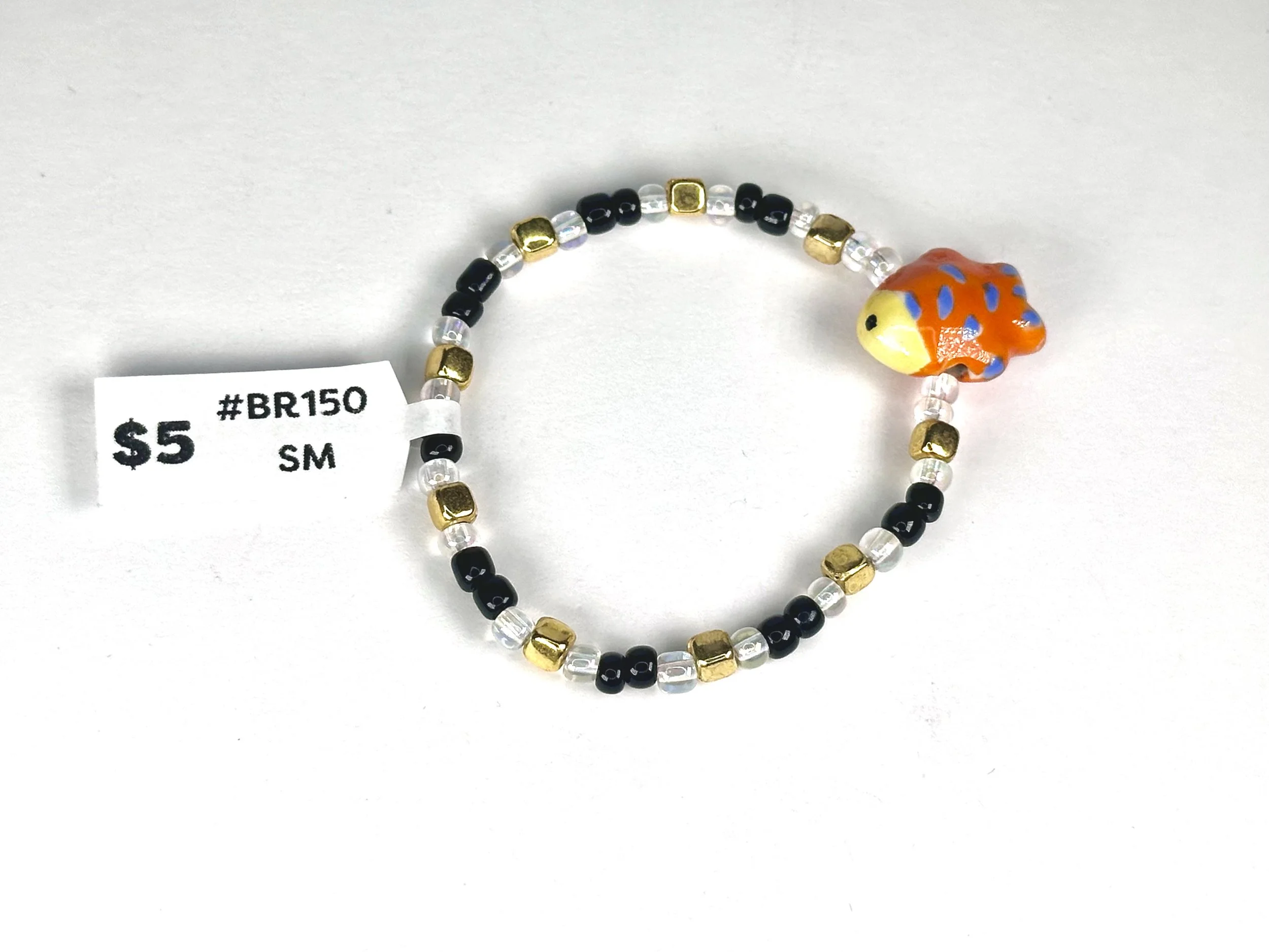 Small Blue & Gold Beaded Stretch Bracelet | Glass Fish Charm & Seed Bead Bracelet