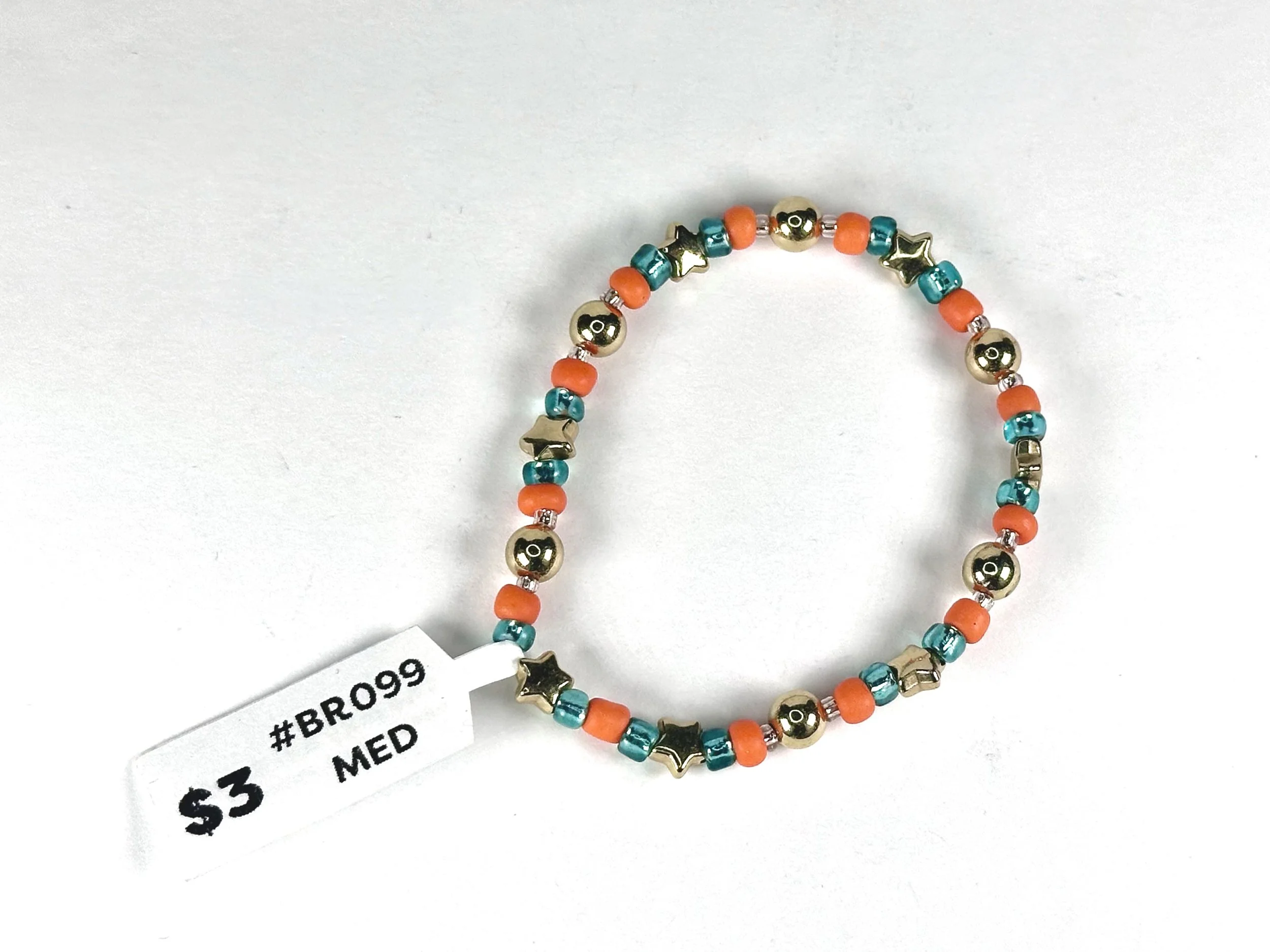 Medium Blue & Orange with Gold Stars Beaded Stretch Bracelet | Glass and Acrylic Bead Bracelet