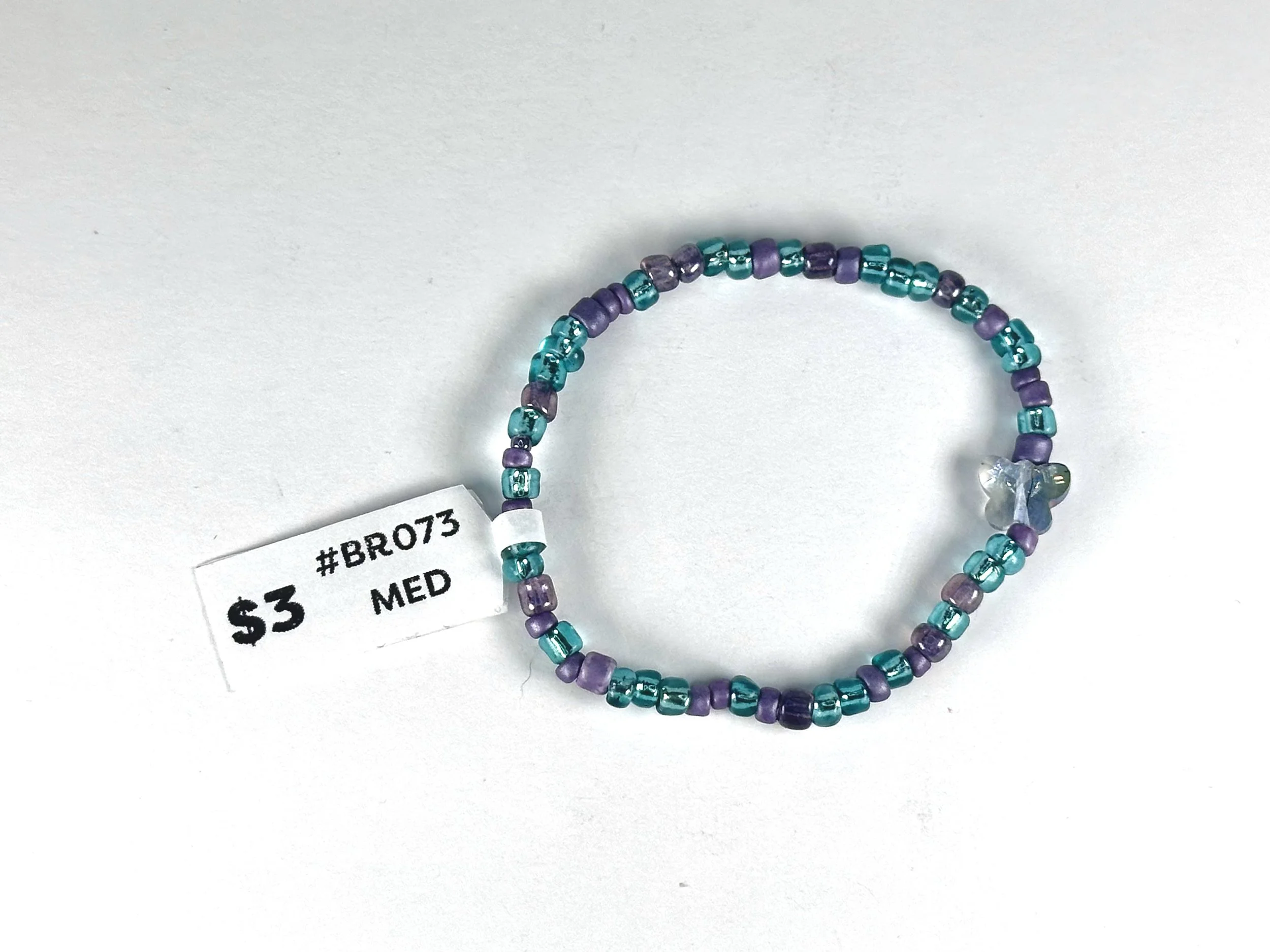 Medium Teal Purple Beaded Stretch Bracelet | Seed Bead Bracelet with Butterfly Charm