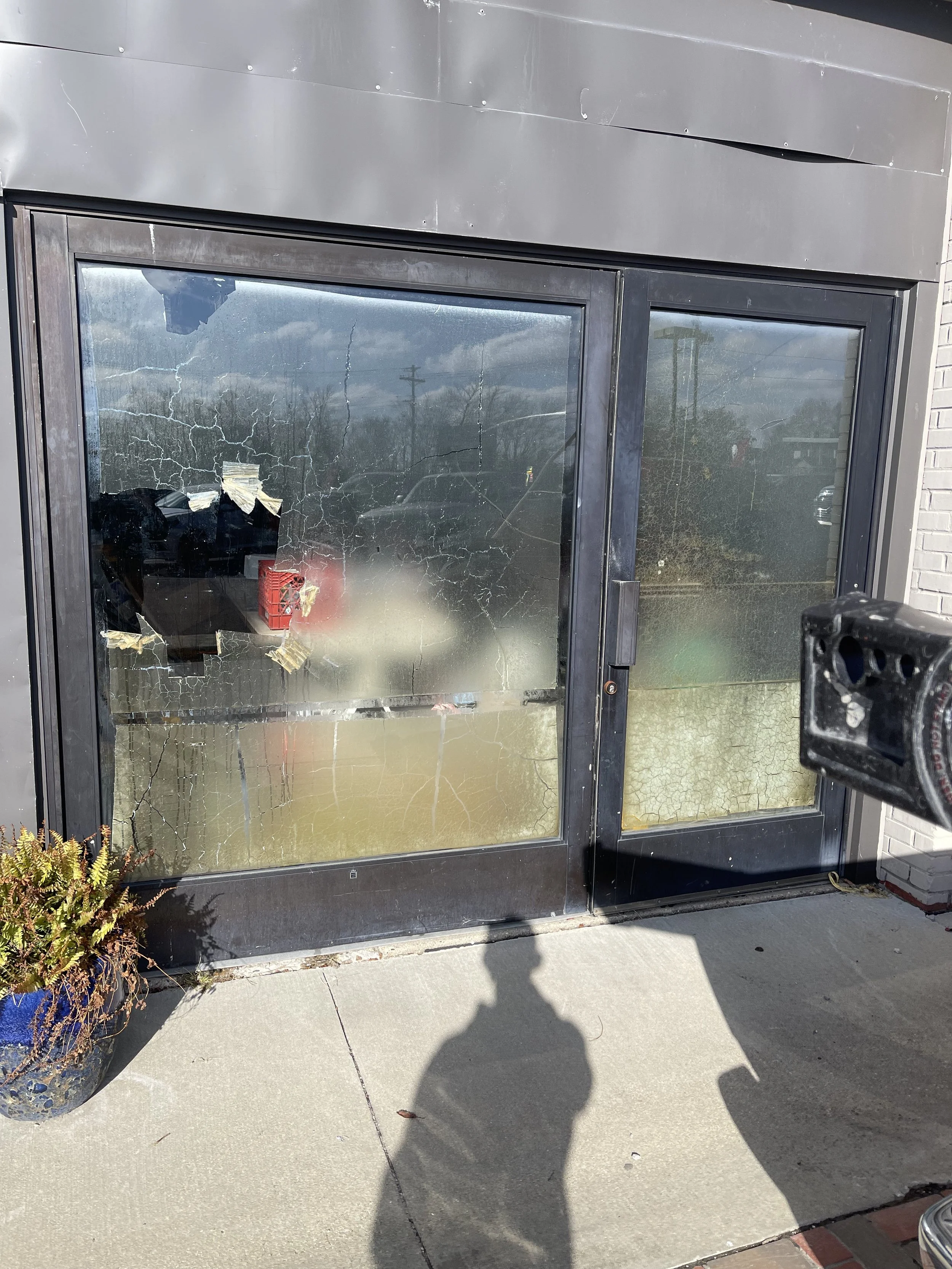 Broken and cracked glass door with graffiti, next to a potted cactus, on a sidewalk outside a building with a black metal frame, brick, and gray siding.