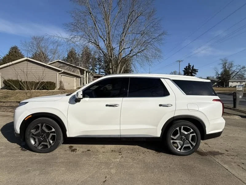 White SUV parked on the street in front of residential houses, with leafless trees and a clear blue sky in the background.