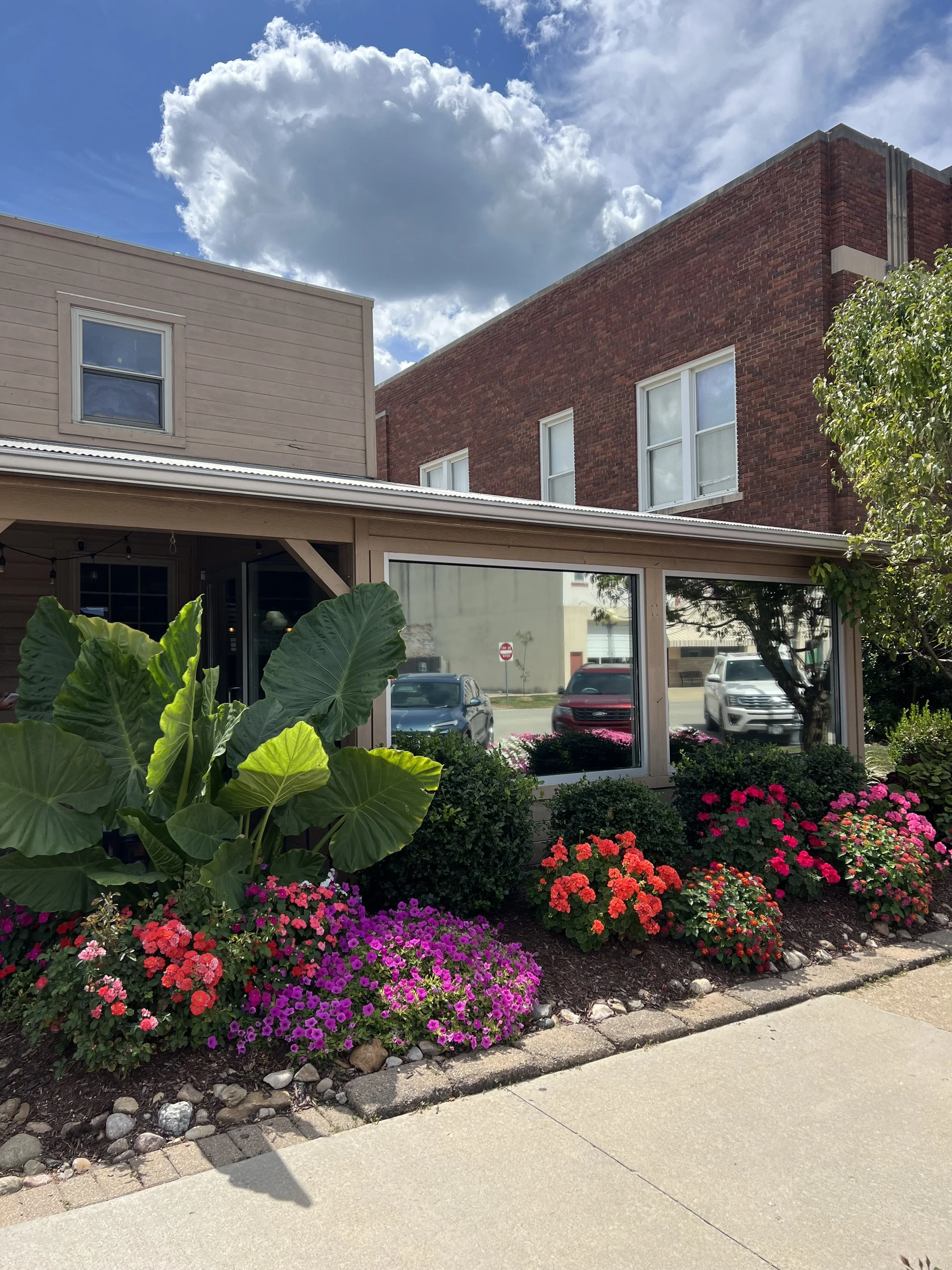 Flowers and greenery in front of a building with large windows, reflecting parked cars, under a partly cloudy sky.