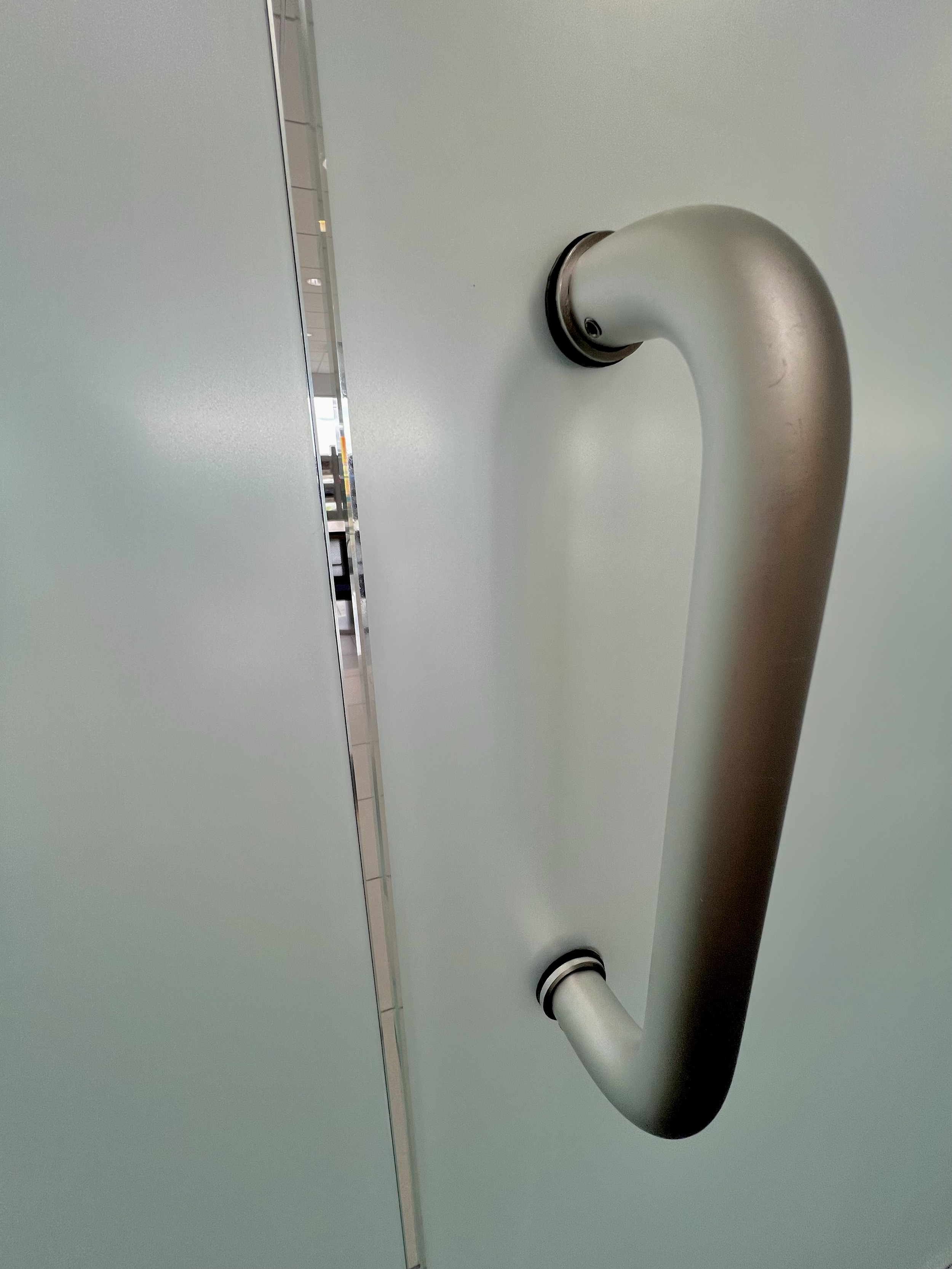 Close-up of a silver handrail attached to a light grey or off-white door in a building.