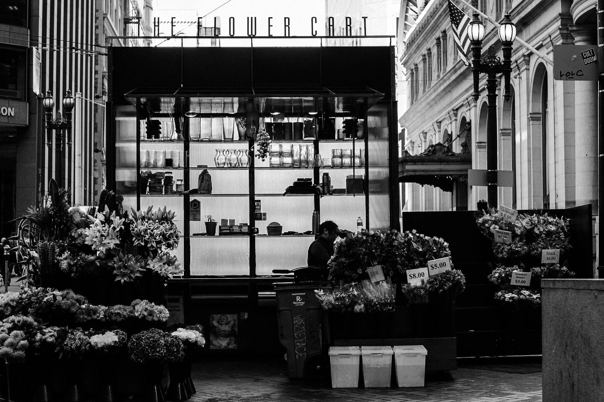 "Morning Bloom" Tucked between stone facades and glass towers, a flower vendor arranges blooms in the early light.