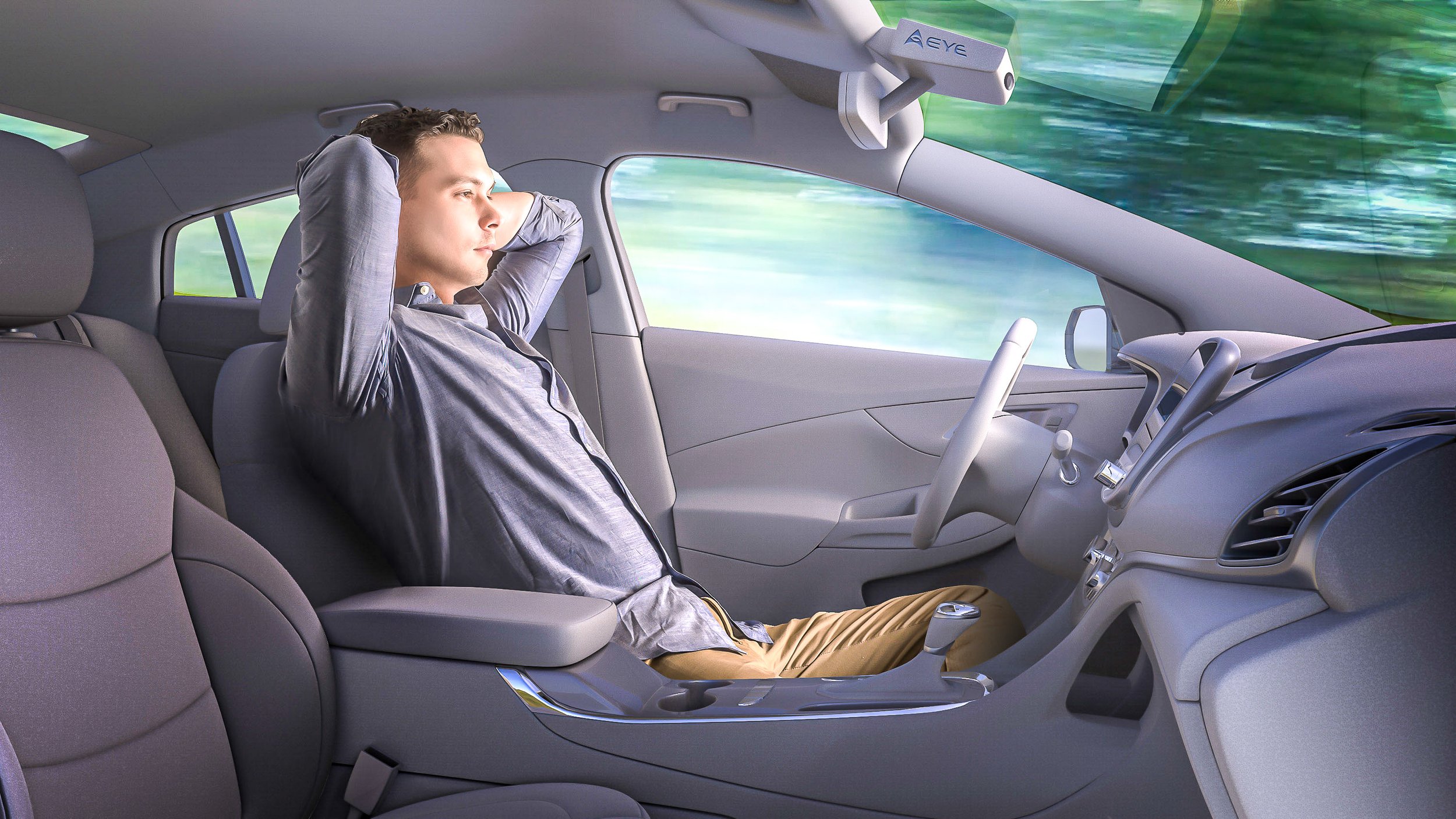 Photographic imagery composited into a 3D-rendered vehicle interior for a LiDAR startup I Art Directed in San Francisco, California.