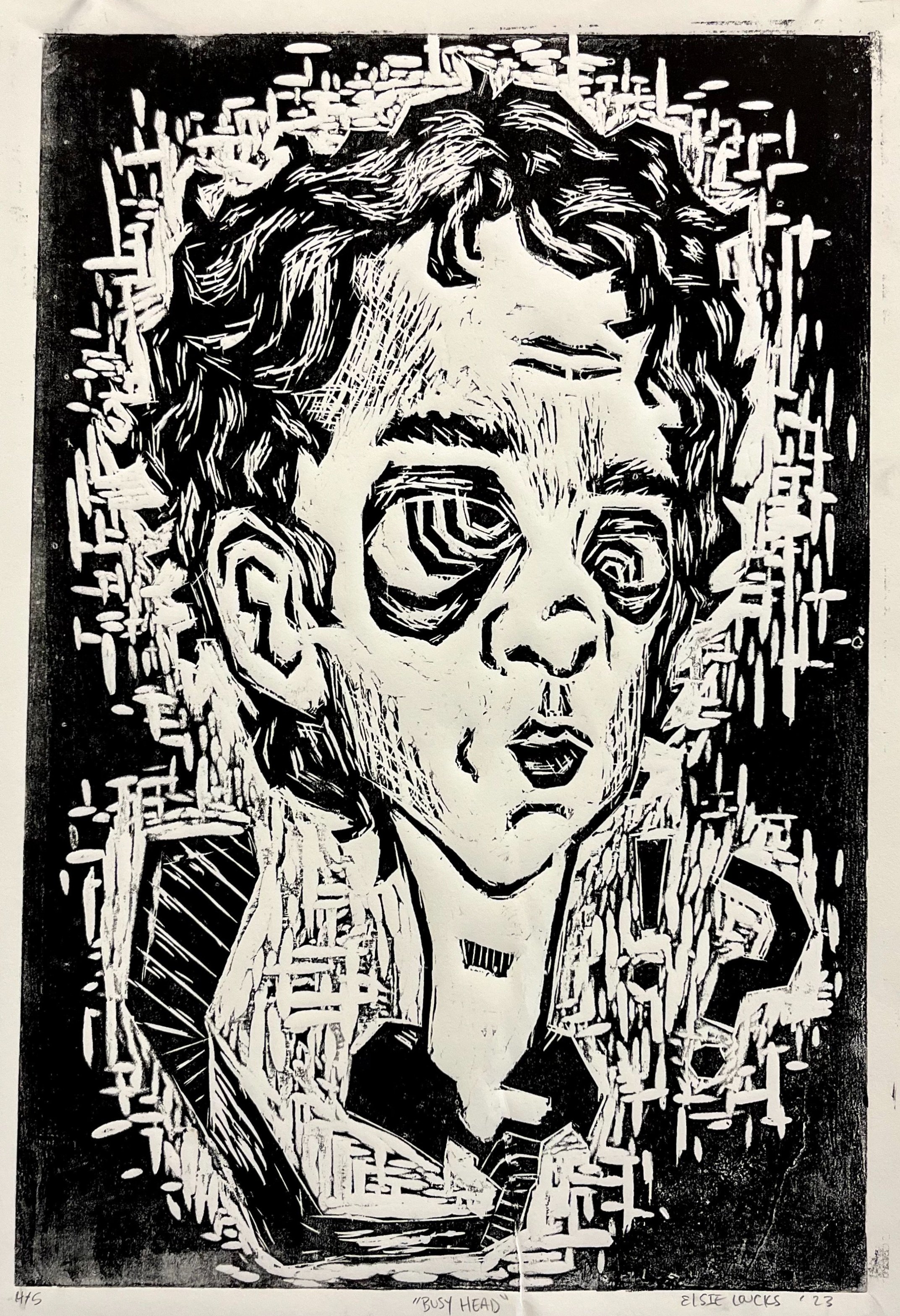 Busy Head, woodcut relief on paper, 2023