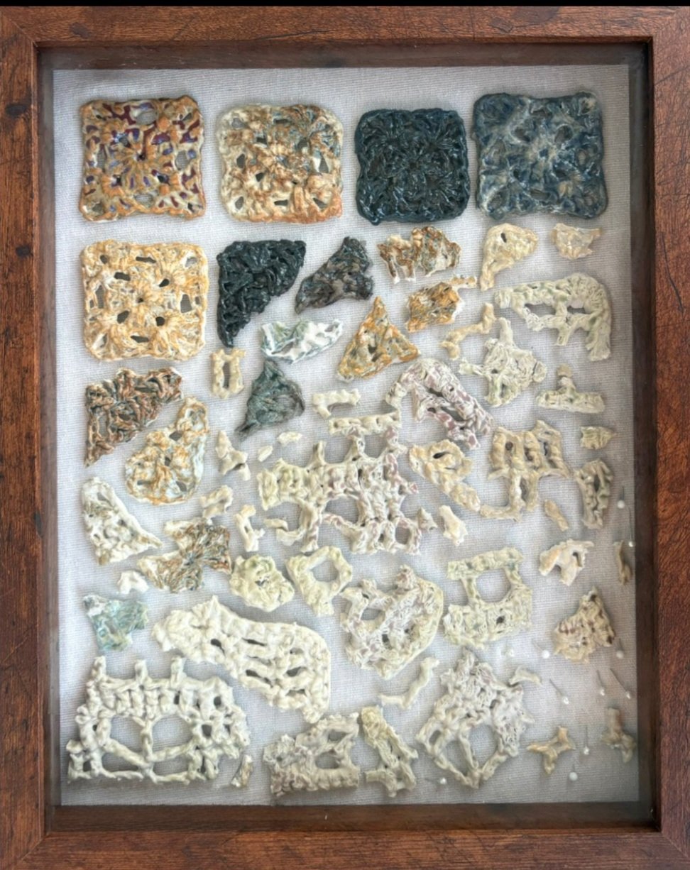 Picking up the Pieces, crocheted ceramics in linen-lined wooden frame, 2025