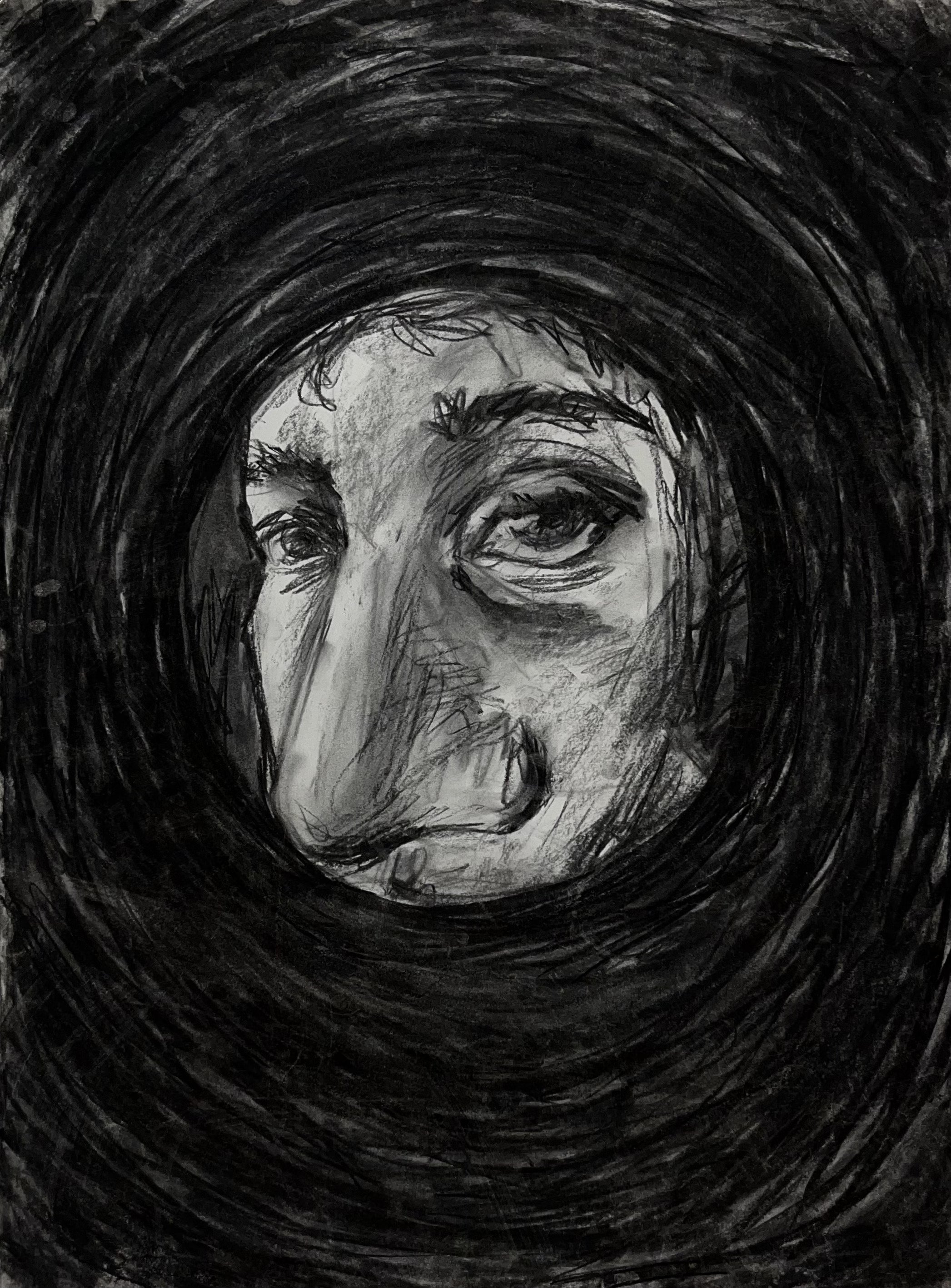 Outside Looking In, charcoal on paper, 2023