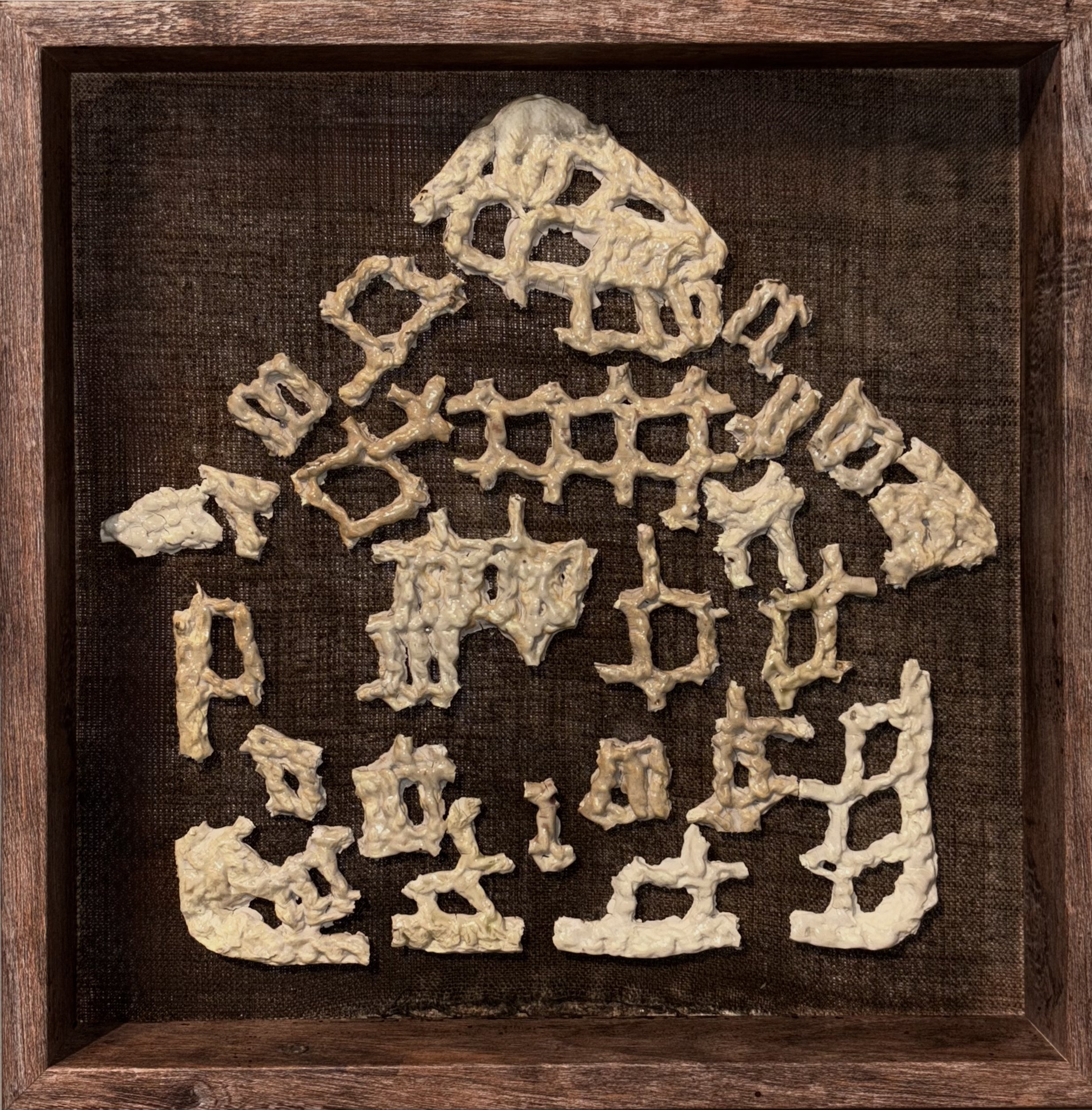 Making Do, crocheted ceramics in linen-lined wooden frame, 2025