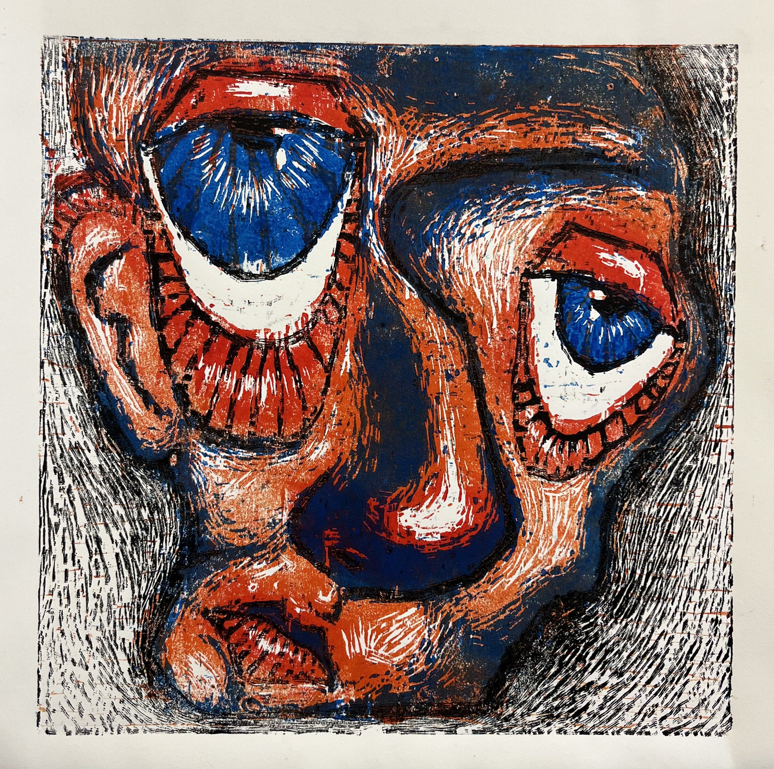Pushed and Pulled, woodcut relief on paper, 2023