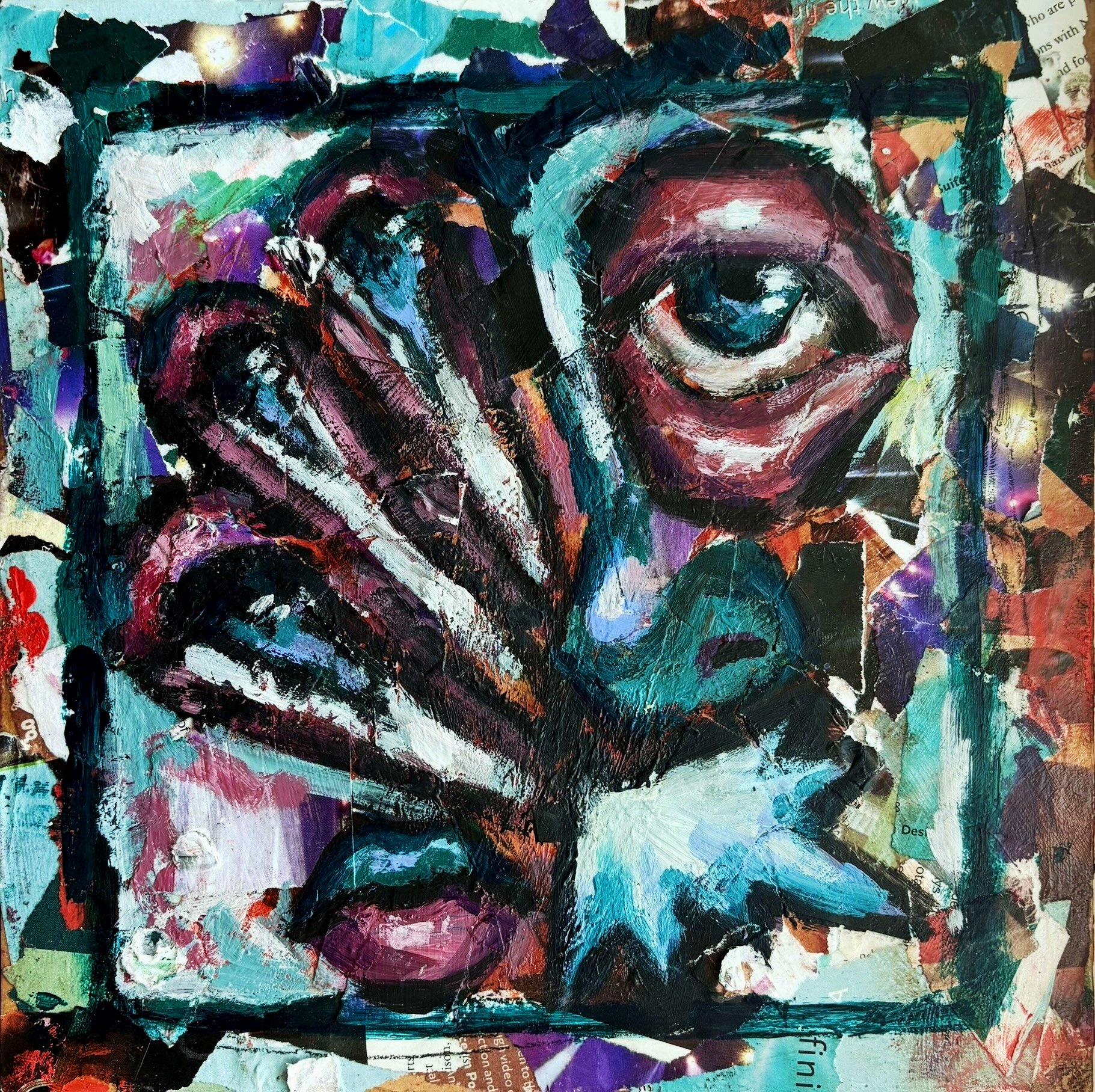 Yanked, acrylic and colllage on board, 2024