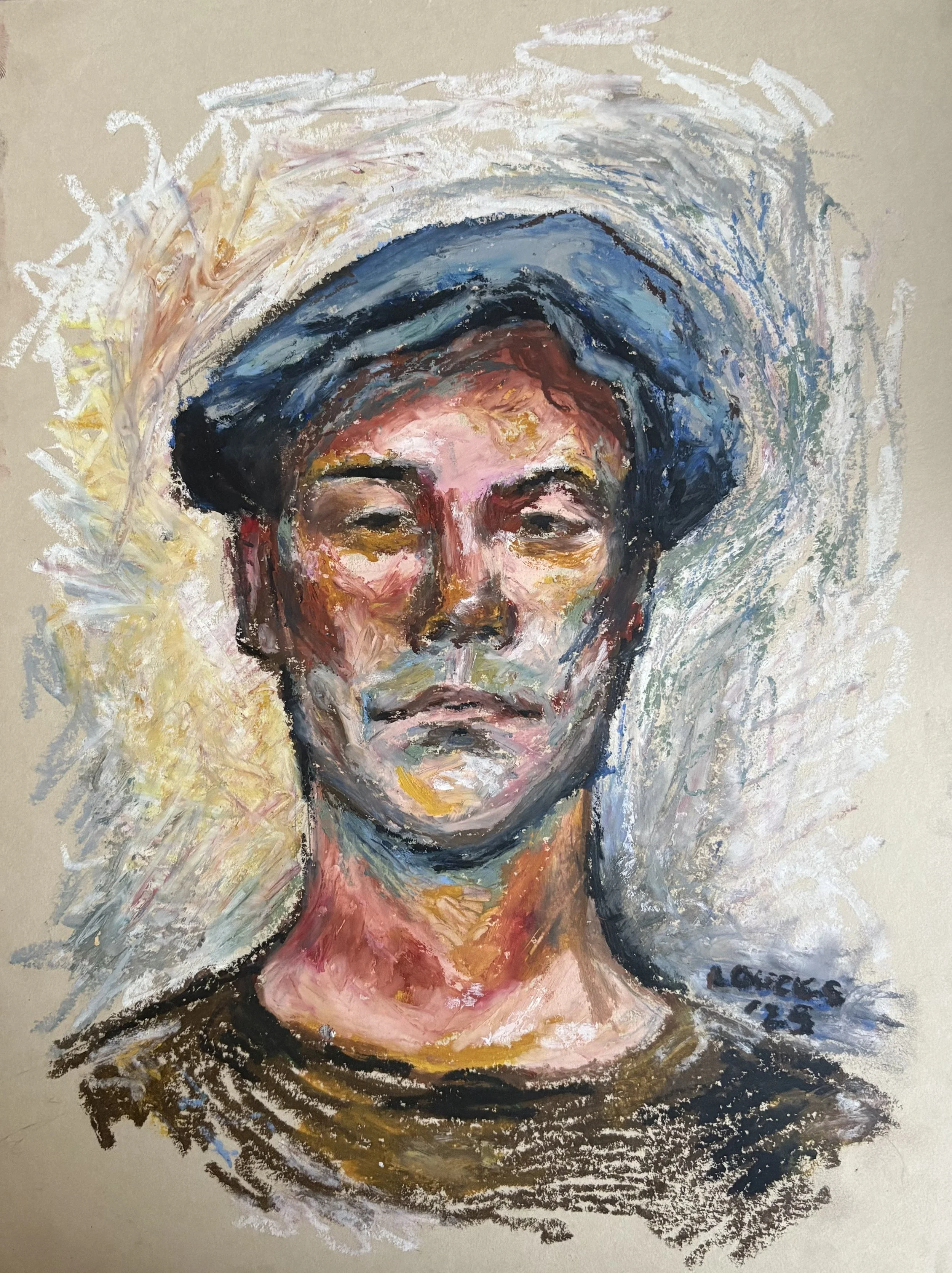 A Man in Asheville, oil pastel on toned paper, 2025