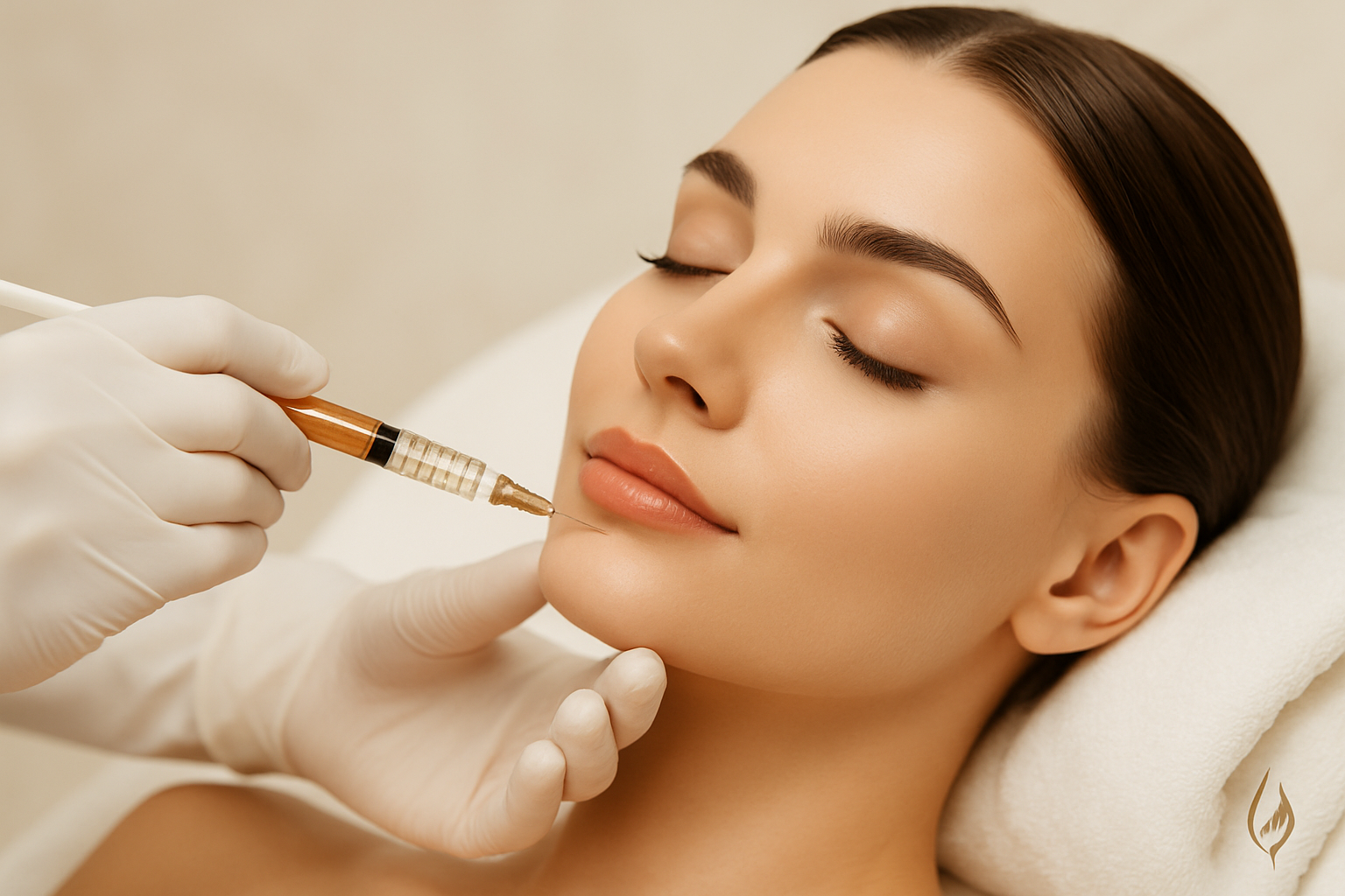 A woman receiving a cosmetic injection in her lips from a medical professional wearing white gloves in a clinical setting.
