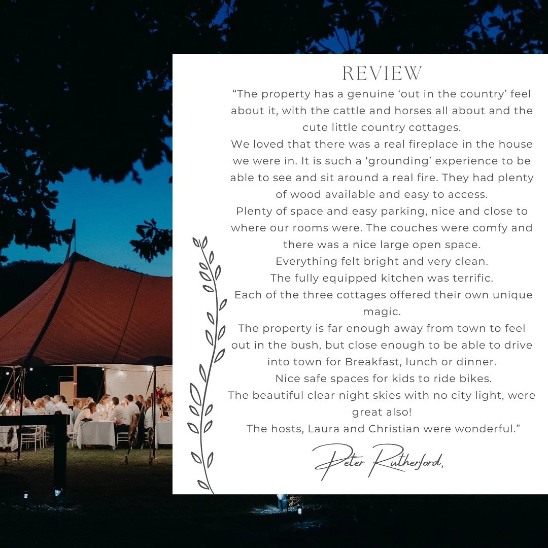 Very kind words left by Peter, a Stirling Homestead guest ✨

#StirlingHomestead #WeddingIdeas #WeddingPlanning #VICWeddingVenues #RuralWeddings #HighCountryWeddings #AirbnbWedding #CountryEscape #GardenWedding #BarnVenue #StayInMansfield #UniqueStays