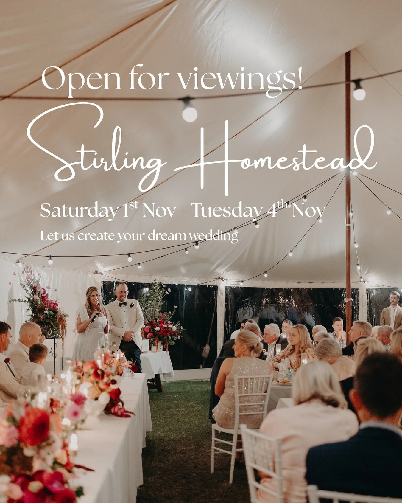 Planning a wedding? Let us help! 
We have appointments available to view our venue this Saturday 1st November to Tuesday 4th November. Call Laura on 0439 448 888 to book. 
Your dream wedding starts here ✨

#StirlingHomestead #WeddingIdeas #WeddingPla