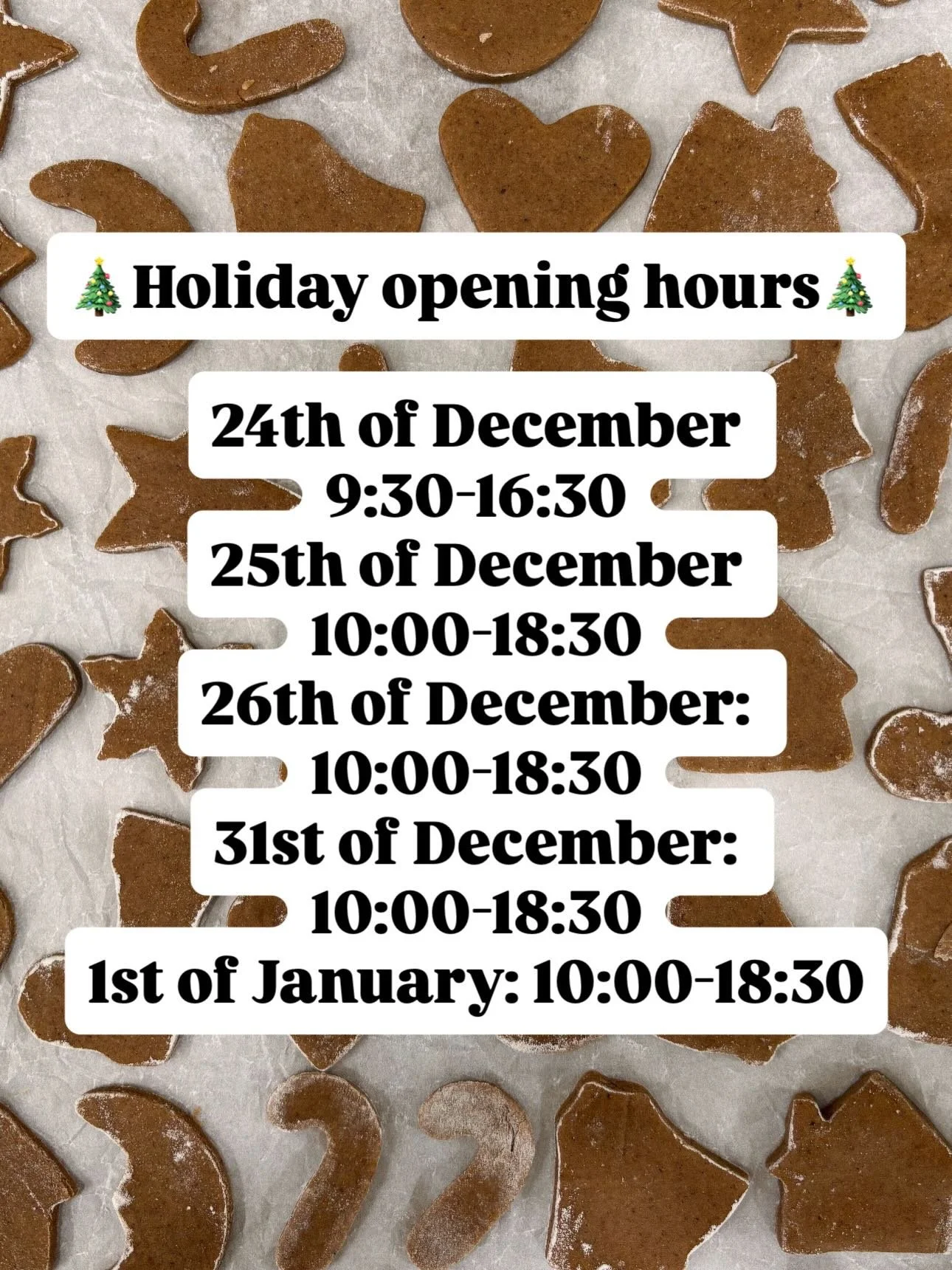 🎄 Our holiday opening hours 🎄
You can treat yourself every day with our rolls in the whole holiday season if you need a plus dose of happiness🎁
And if you&rsquo;d like something sweet for your Christmas table, you can place your Christmas order wi