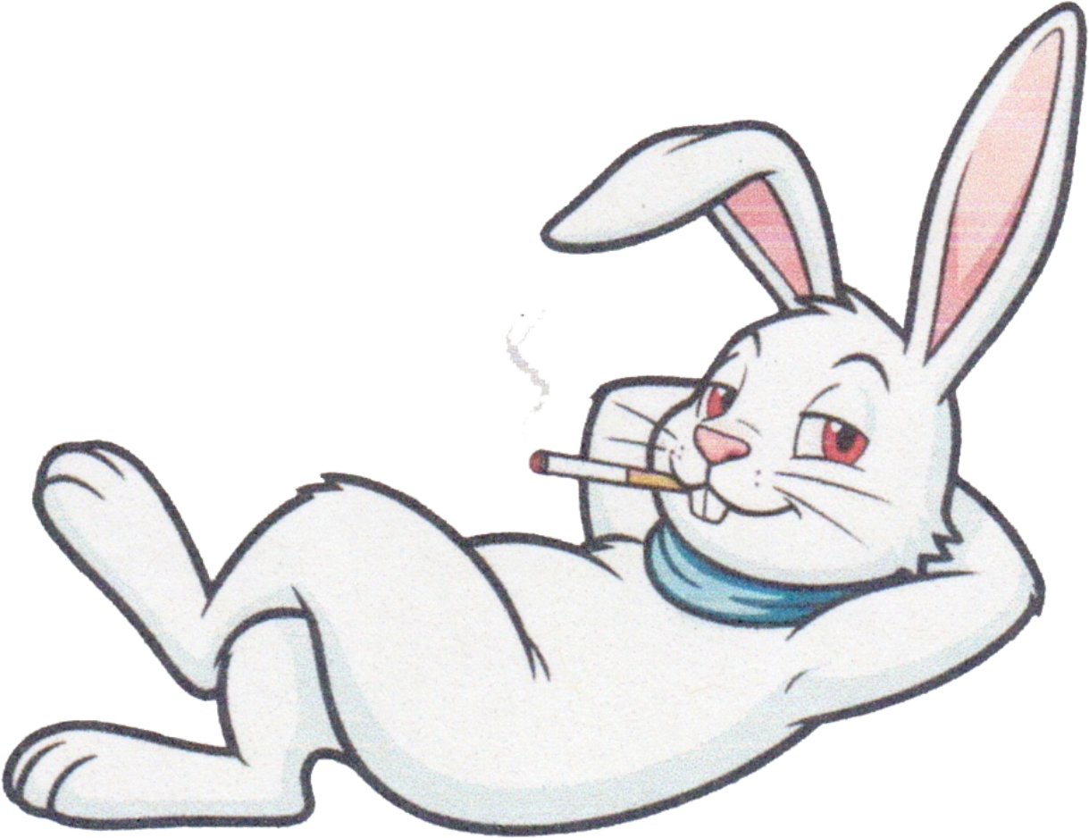 The cartoon rabbit, Bugs Bunny, is lying down in a relaxed pose with a cigarette in his mouth and a confident expression.