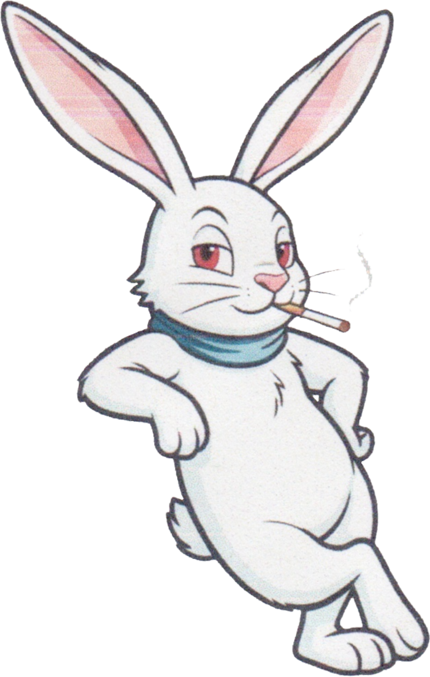Cartoon white bunny with pink ears, wearing a blue collar, holding a cigarette in its mouth with a confident smirk, standing with hands on hips.