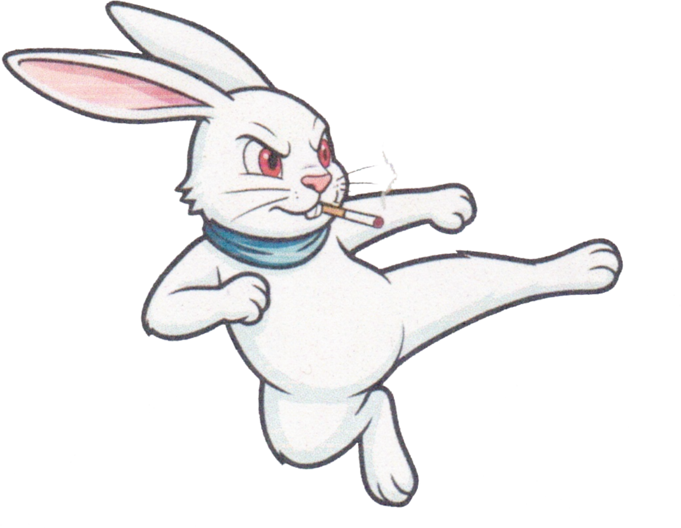Animated white rabbit with pink eyes, wearing a blue collar, performing a high kick, with a cigarette in its mouth.