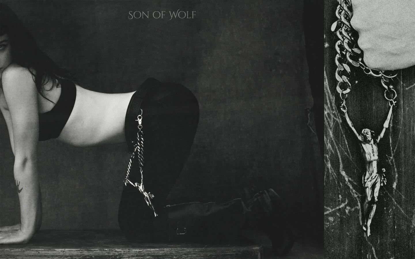 Sons of wolf in chains.

1. @presleyraeemig in python belt with Christ in chains
2. @alejandrodepass in python belt with Corpus necklace and brass cross. 
3. @frannieanne in Corpus necklace 
4. John in python belt and necklace 

All photos @sabrinasv