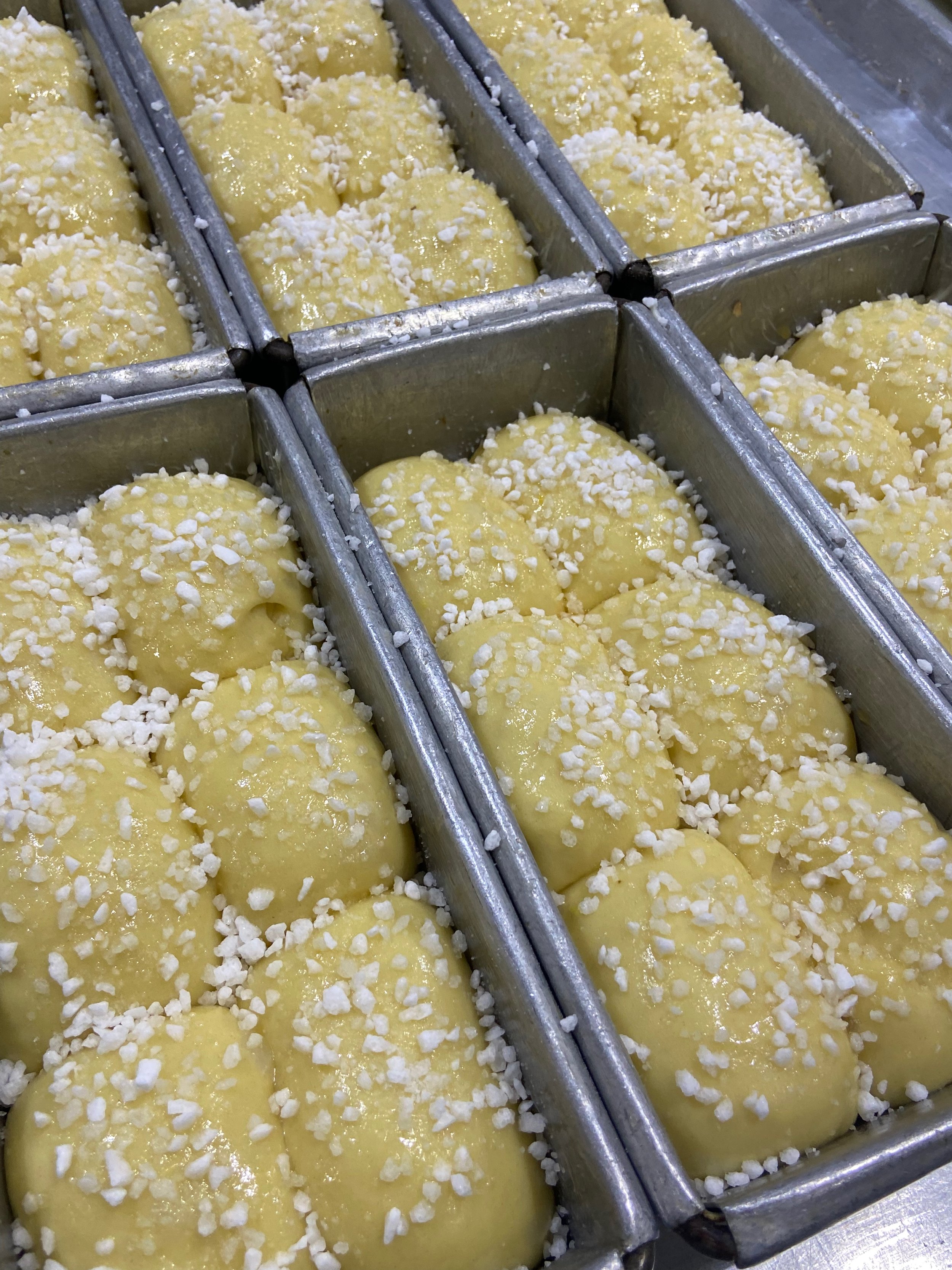 Close-up of uncooked yellow dough balls topped with white sugar or snow in metal molds.