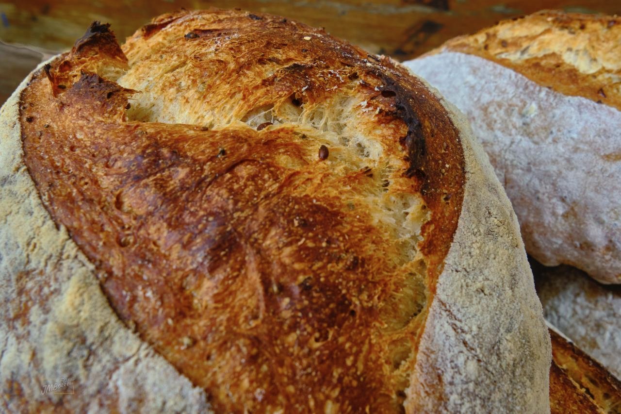 Close-up of a loaf of rustic bread with a crusty, golden-brown exterior, partially sliced to reveal a soft, airy interior.