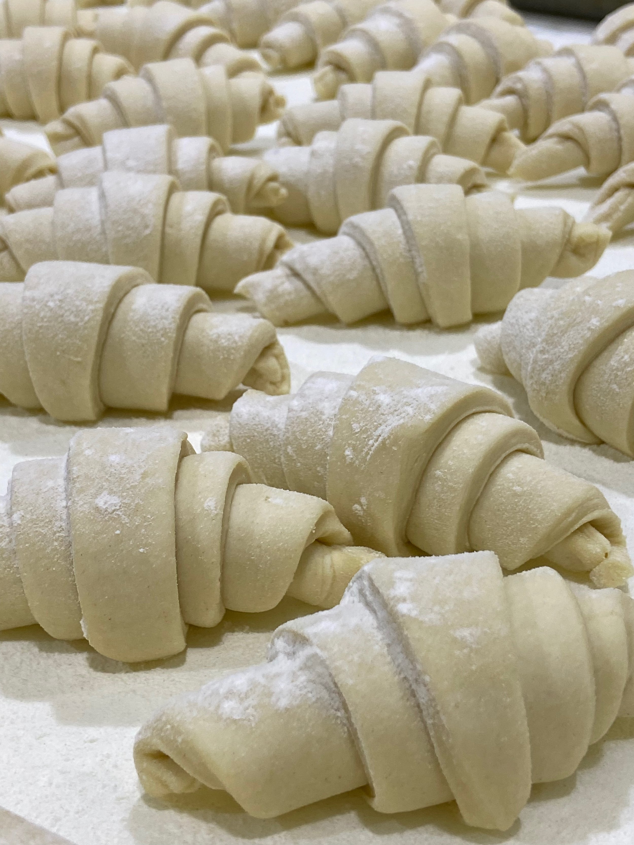 Unbaked croissant dough rolls dusted with flour, arranged on a baking sheet preparing for baking.