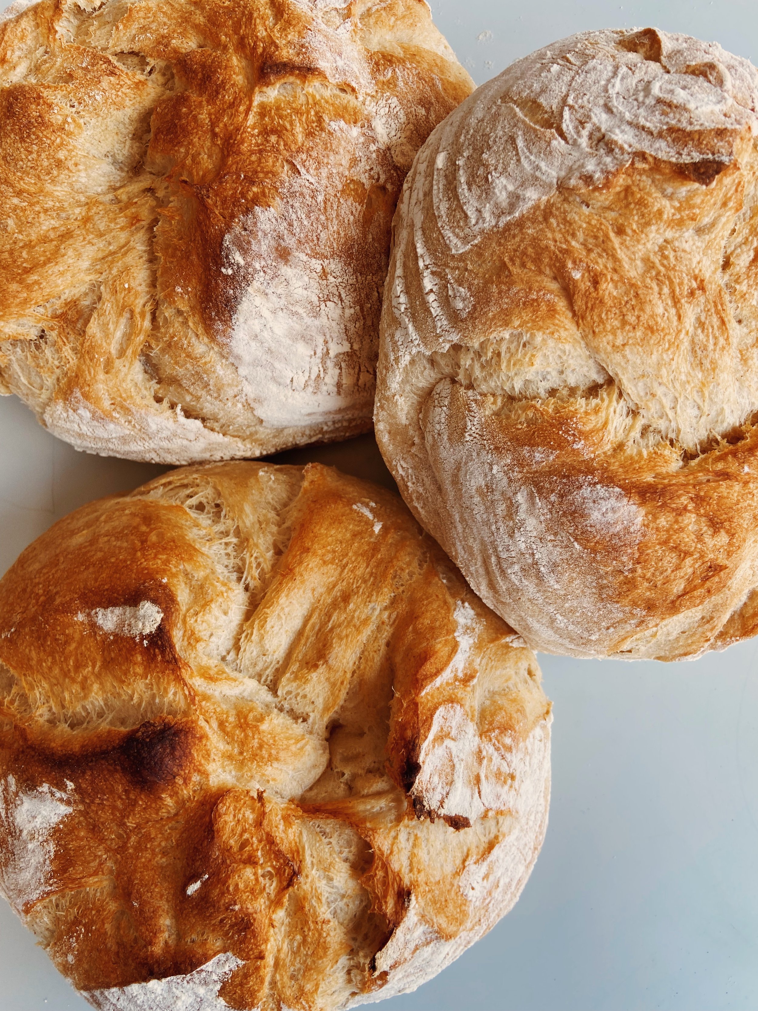 Three freshly baked bread rolls with a golden crust and dusted with flour, resting on a white surface.