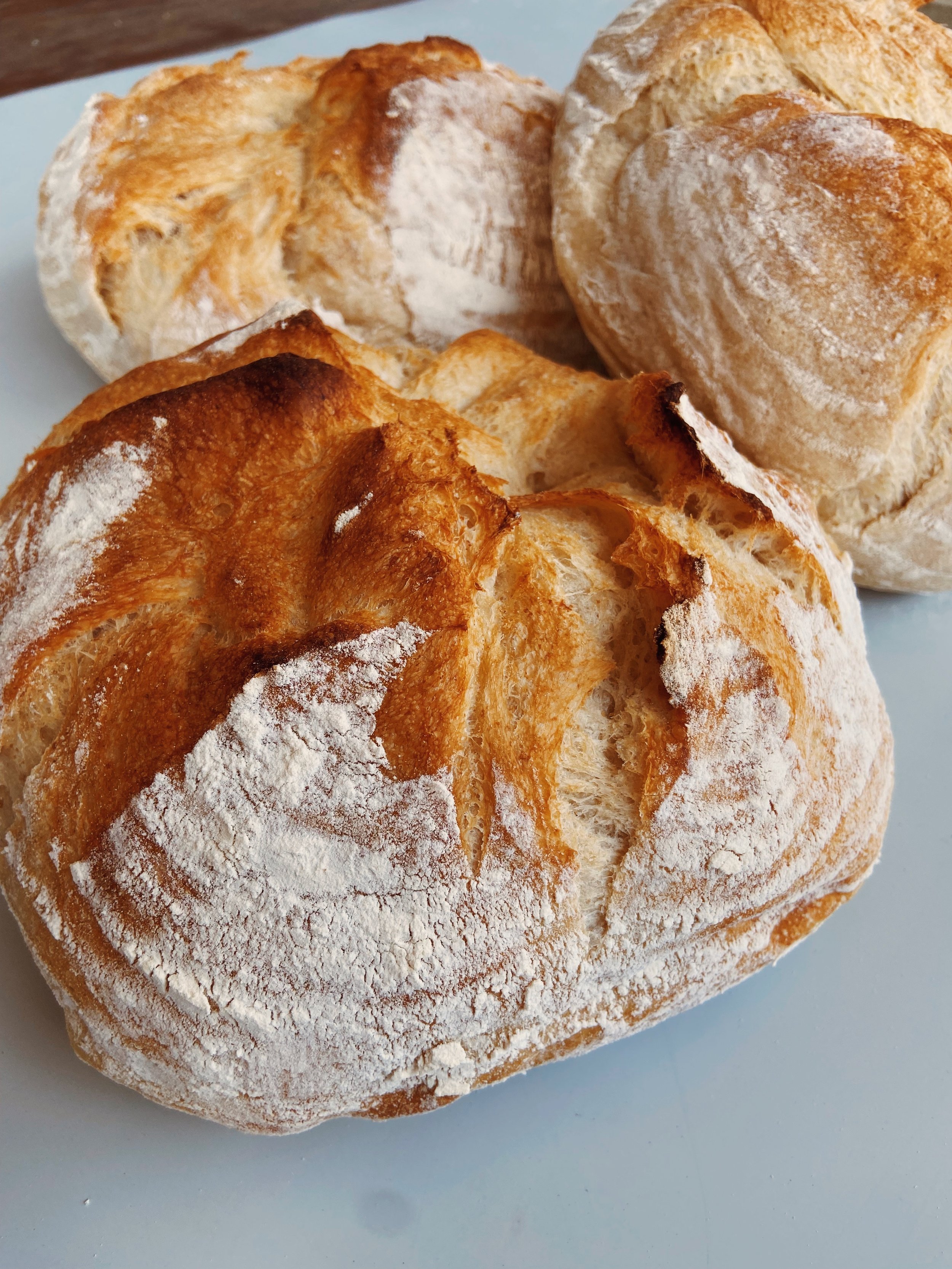 Close-up of three freshly baked bread rolls dusted with flour, showing their golden-brown crust and soft interior.