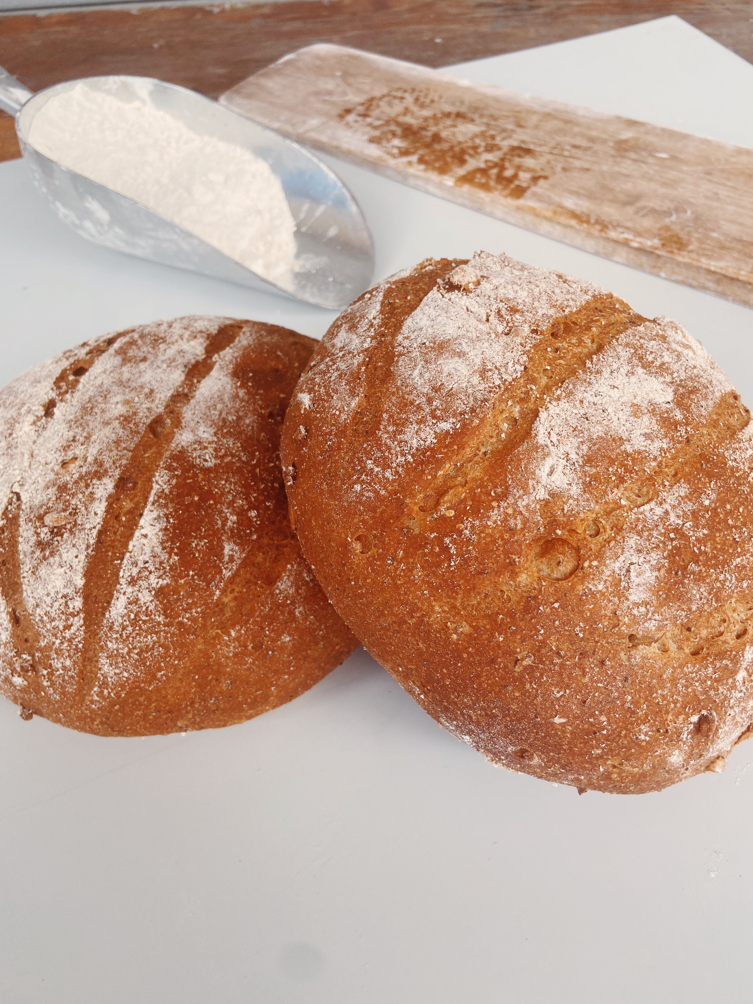 Two round loaves of bread with a dusting of flour on top, placed on a white surface with a pastry scraper and a scoop of flour in the background.