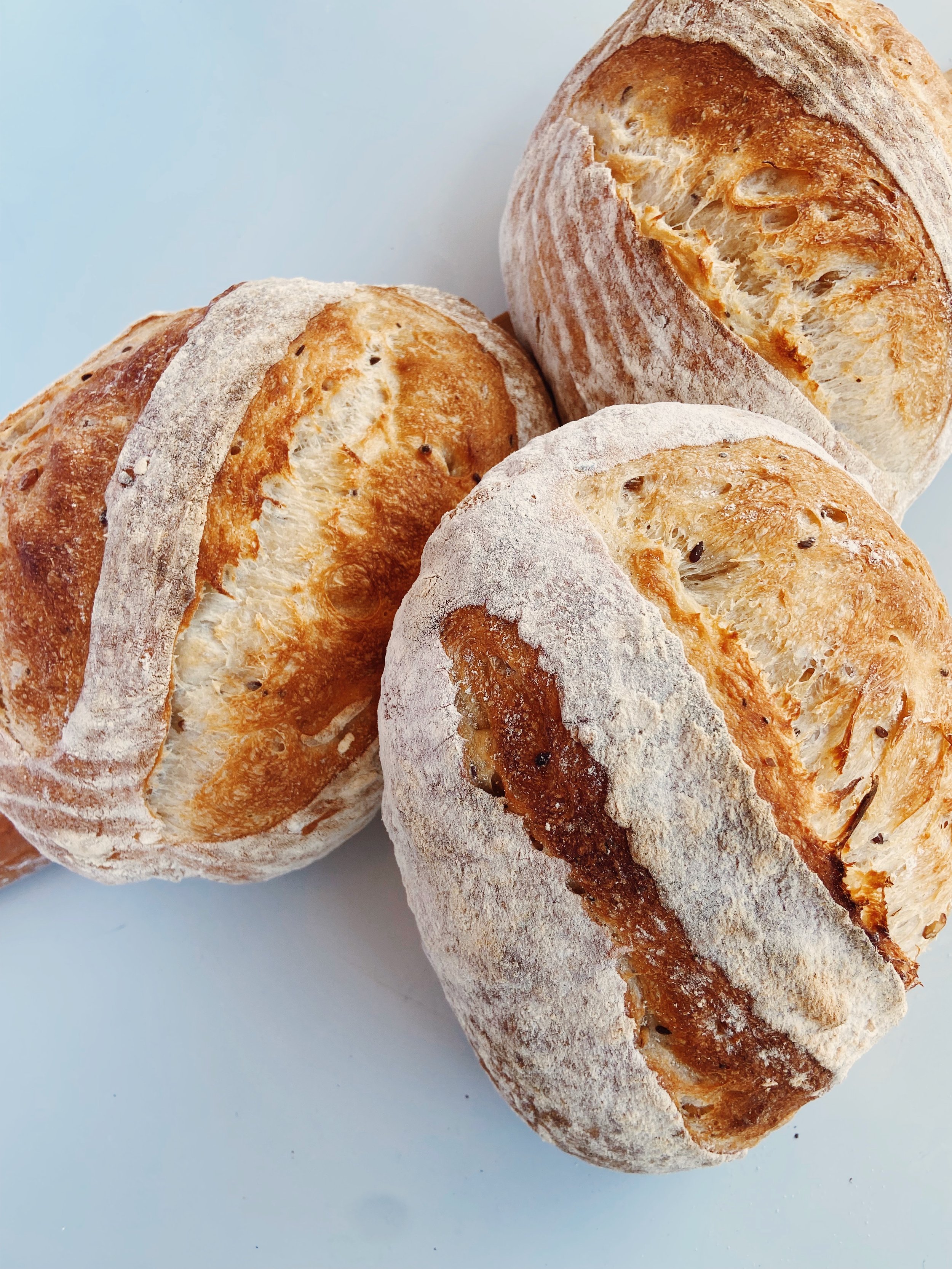 Three fresh, crusty, artisan bread loaves with a golden-brown crust and a dusting of flour on top, placed on a white surface.