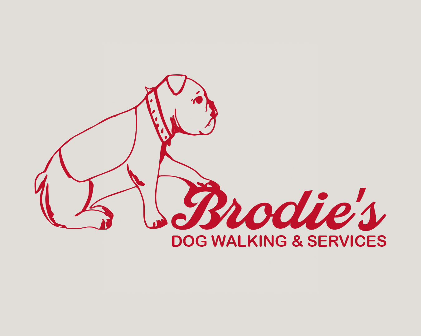 Logo for Brodie's Dog Walking & Services featuring a line drawing of a dog with a collar and the business name in elegant script and capital letters.