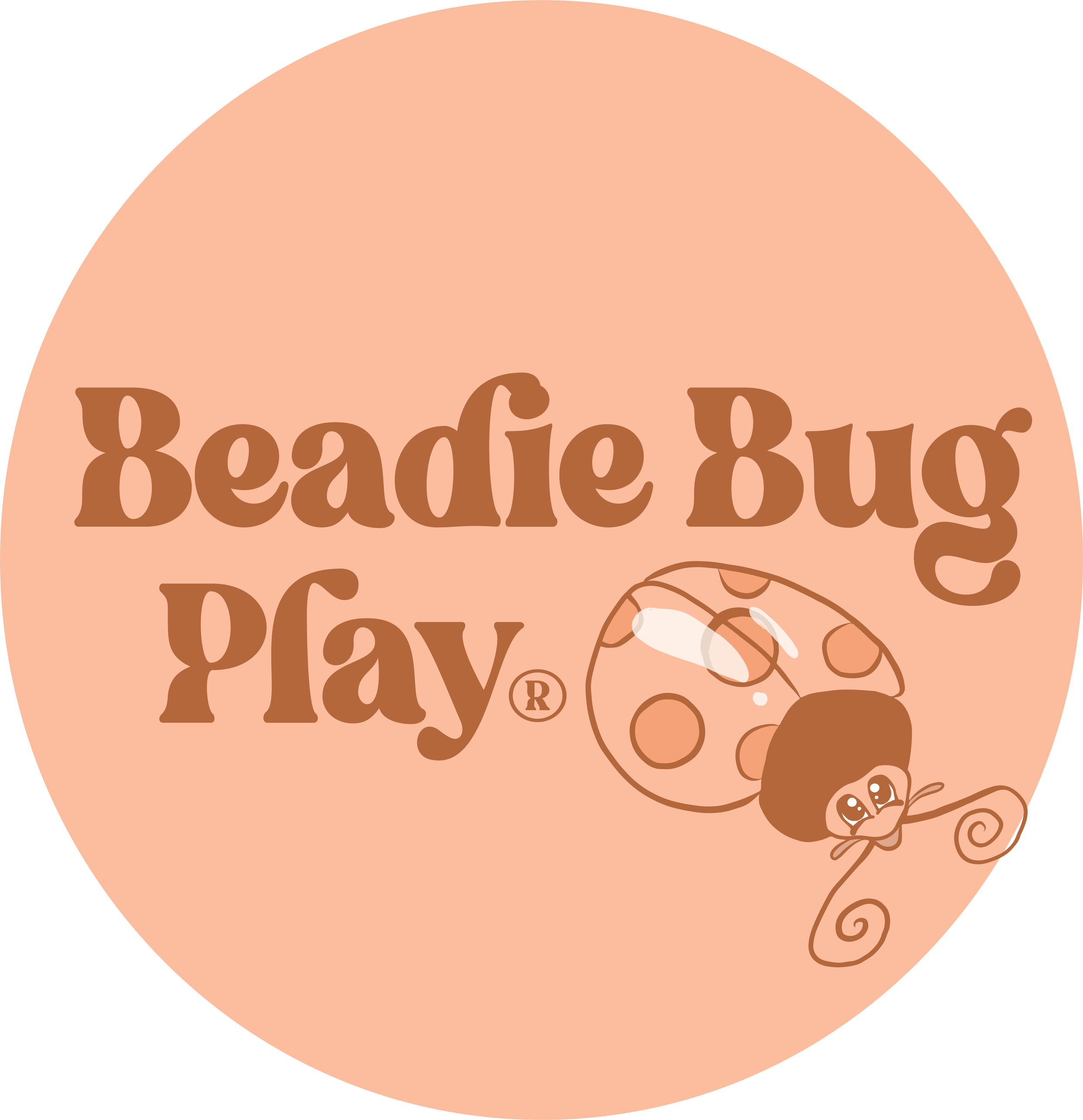 Round logo for Beadie Bug Play with text and a cartoon bug with a polka dot shell on a peach background