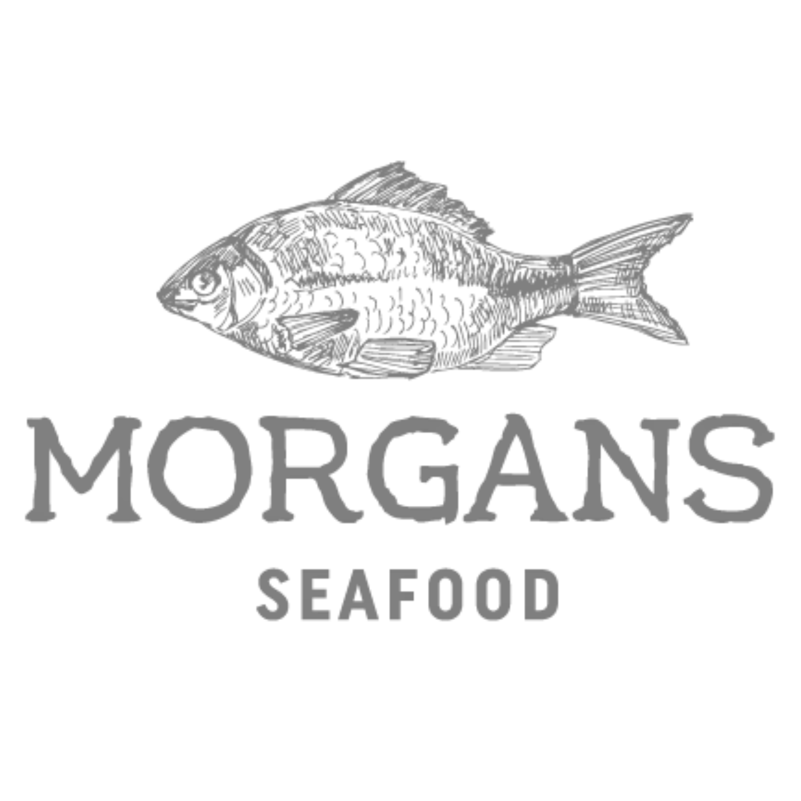 Gray logo of Morgans Seafood featuring a fish illustration above the text 'Morgans' and 'Seafood'.