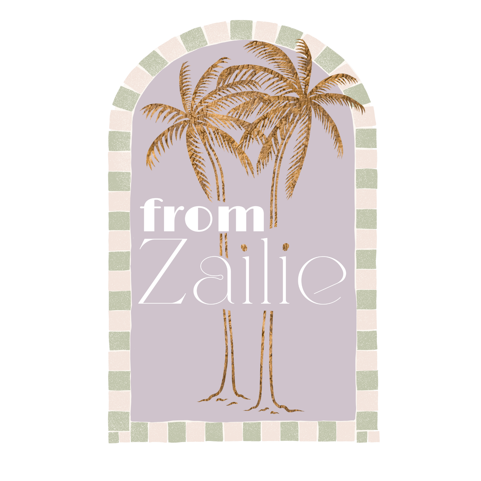 A decorative sign with a pastel purple background, featuring golden palm trees and the words 'from Zalle' in white text, framed by a checkered border in white and pastel green.
