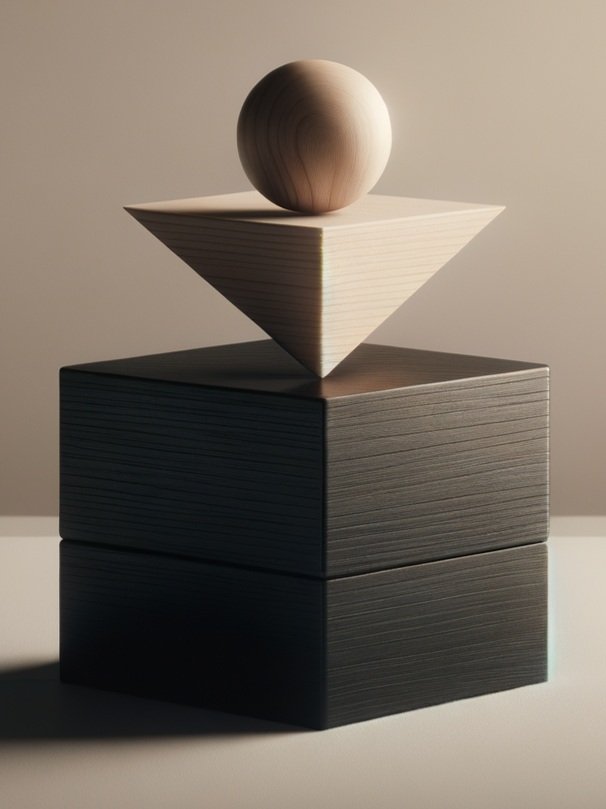 A wooden sphere balanced on a white wooden pyramid, which is placed on two black stacked wooden cubes.