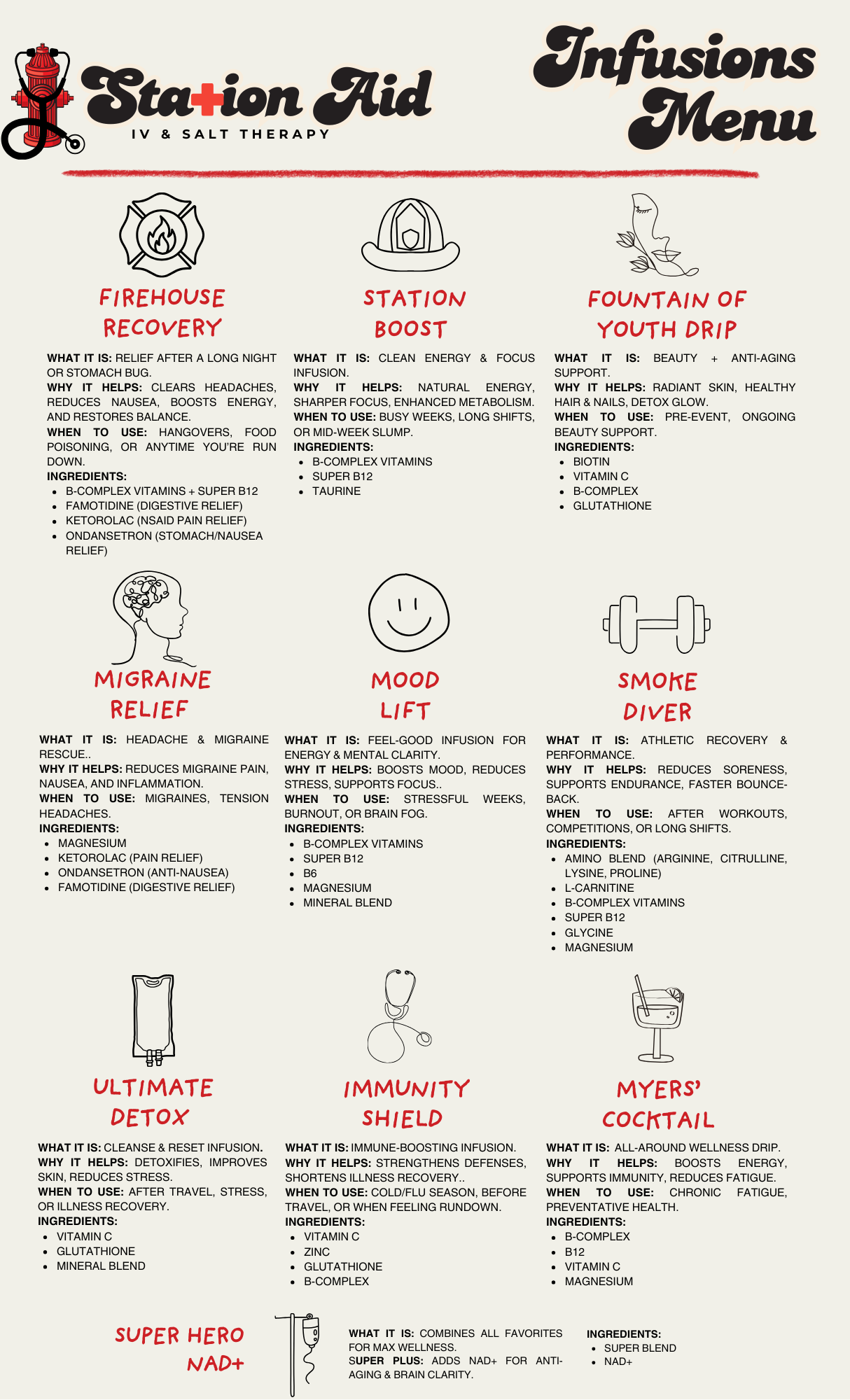 Infusions menu at Station Aid IV & Salt Therapy, featuring options like Firehouse Recovery, Station Boost, Fountain of Youth Drip, Migraine Relief, Mood Lift, Smoke Diver, Ultimate Detox, Immunity Shield, Myers' Cocktail, and Super Hero NAD+ with ing