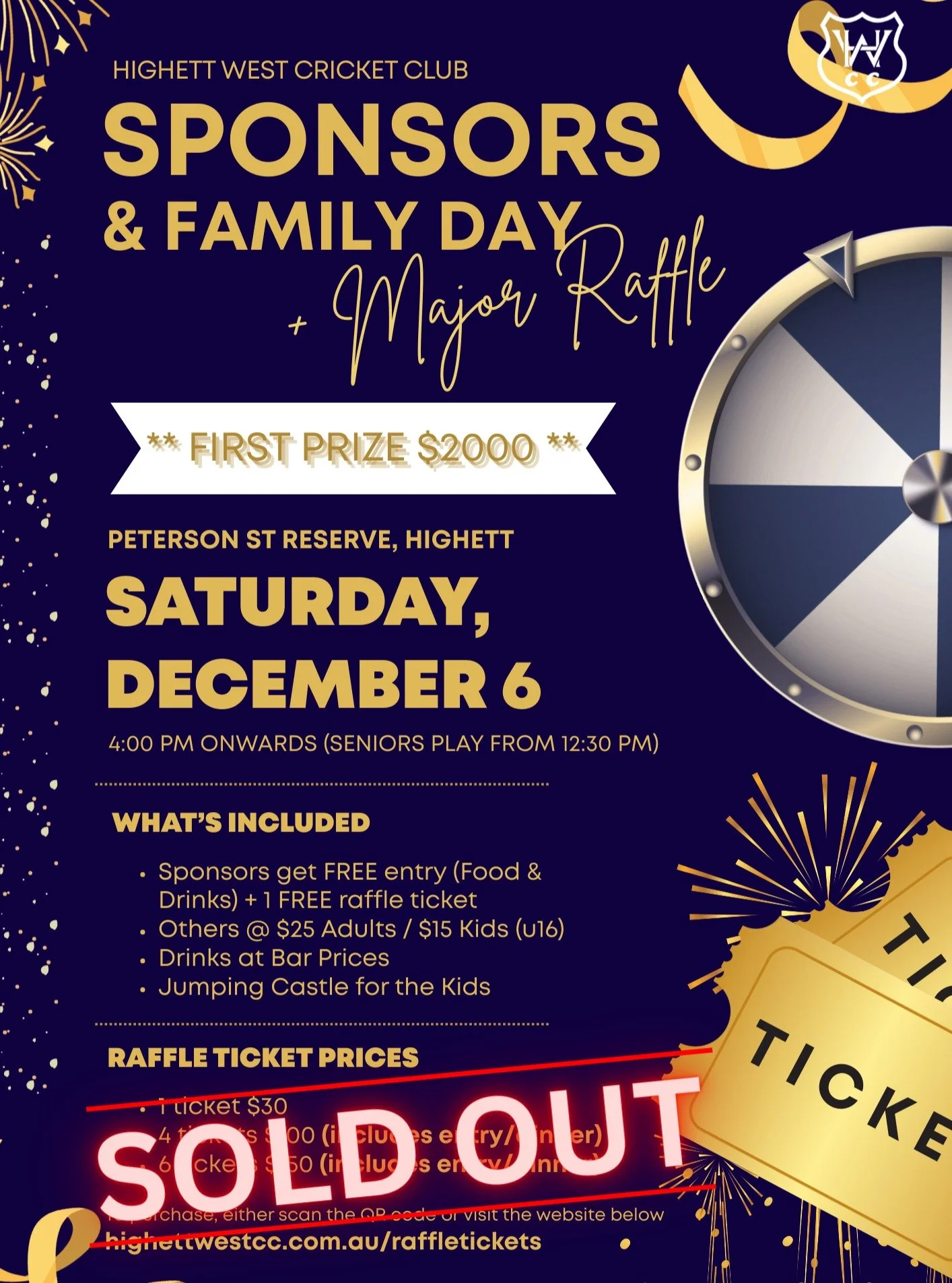 We have officially sold all available raffle tickets for tomorrow's Major Raffle.

Good luck everyone! We will see you all there tomorrow. Don't forget, our First XI will be playing from 12:30, afternoon tea at 4:30 pm and dinner around 6:30/7 pm