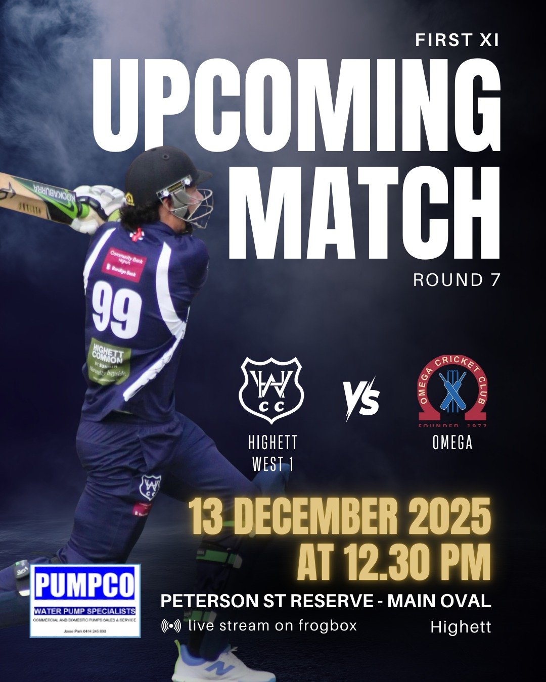 Here are our Upcoming Matches for the weekend.

With the U16s having the week off due to a bye, our weekend starts Saturday with the First XI now playing a 1-day match against Omega at home, the Second and Third XI both away, the U12s also at home an