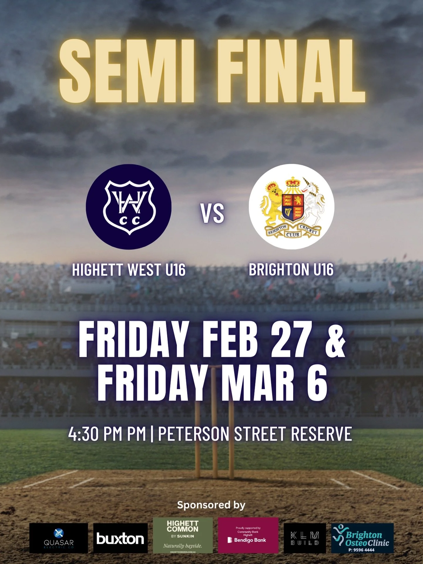 IT&rsquo;S FINALS TIME 💪🏼 our U16 boys have made it to the finals and begin the first day of their two-day match tomorrow Feb 27 at 4:30pm.

As the boys finished second, the game will be played at home against Brighton - Peterson Street Reserve, Hi