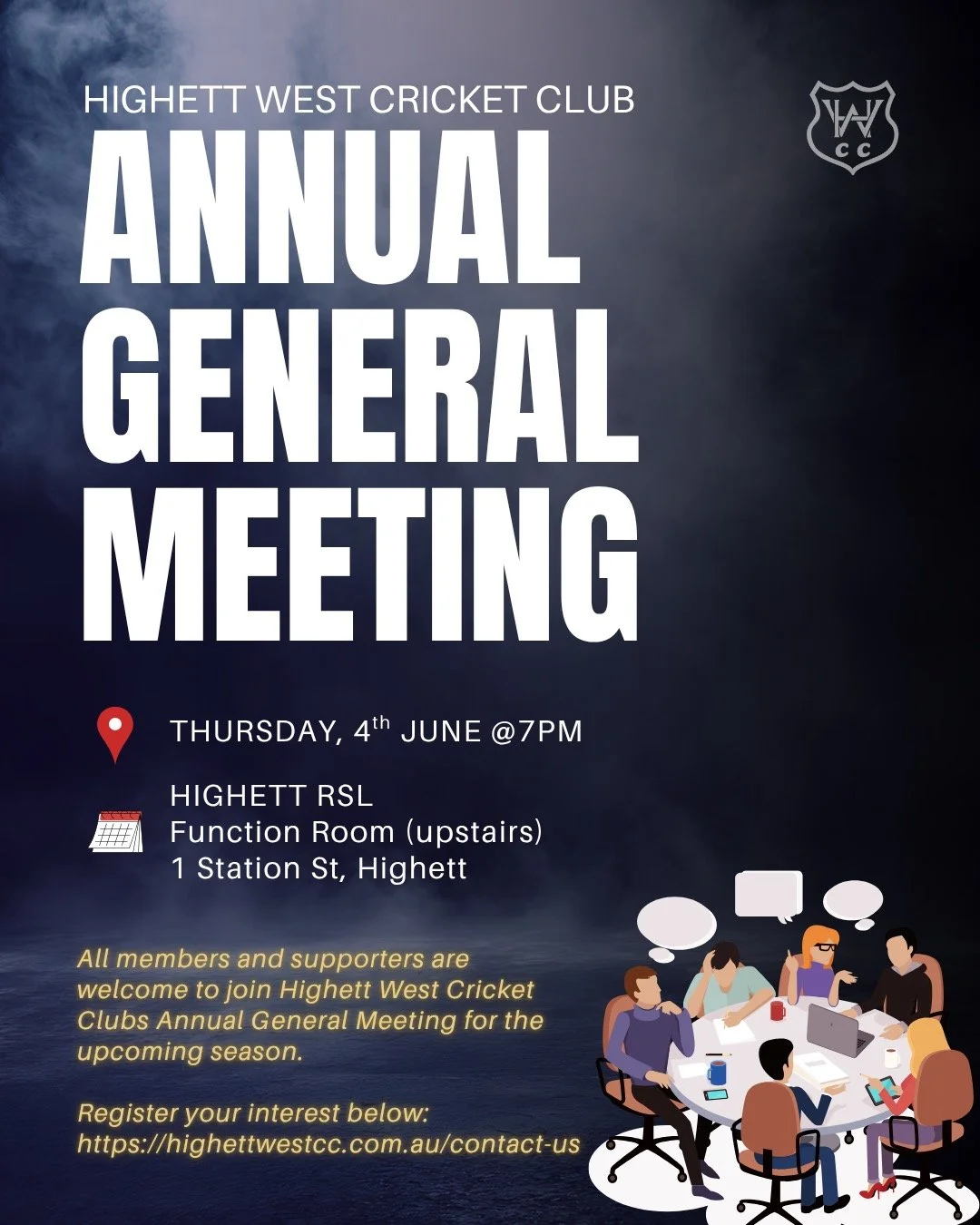 All members and supporters are welcome to join Highett West Cricket Clubs Annual General Meeting for the upcoming season.

Register your interest below:
https://highettwestcc.com.au/contact-us