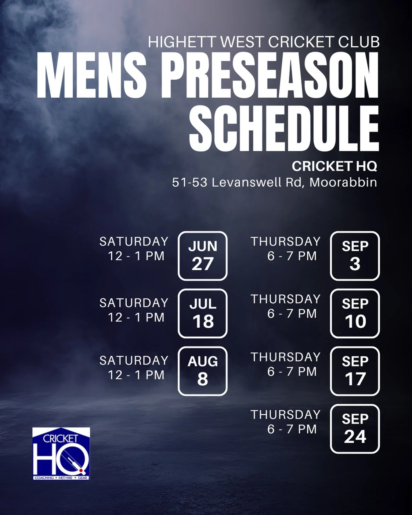 Here is the Mens Preseason schedule for season 2026/27.  With the first session on the 27th of June (this month), all at @crickethqvic Moorabbin.  Can&rsquo;t wait to see you there and get started on what is going to be an incredible season for the H
