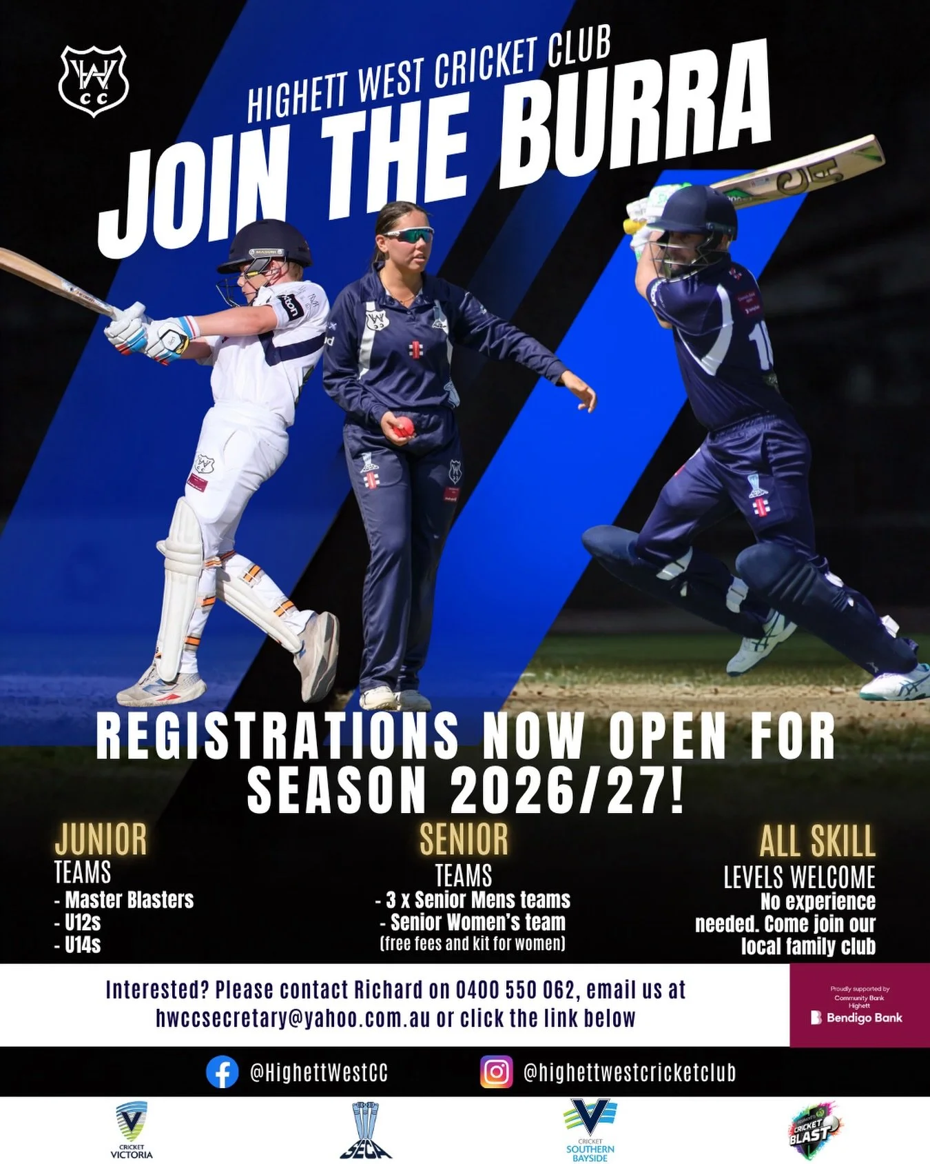 🚨 REGISTRATIONS ARE NOW OPEN FOR SEASON 2026/27 🚨

Highett West Cricket Club is gearing up for an exciting 2026/27 season, and we&rsquo;d love you to be part of it.

Whether you&rsquo;re an experienced player, returning to the game, or picking up a