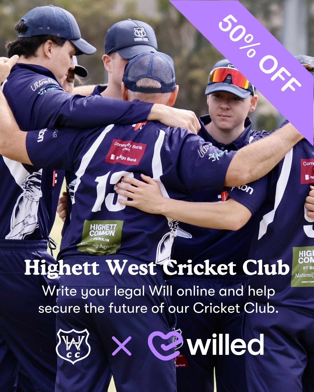 50% OFF WILLS &ndash; THIS 7 TO 13 SEPTEMBER ONLY! 💜
Highett West Cricket Club has partnered with @willedaustralia to offer you a legally binding online Will for just $79 (normally $159)!

✅ Fully legal
✅ Quick &amp; easy to complete online
✅ A chan