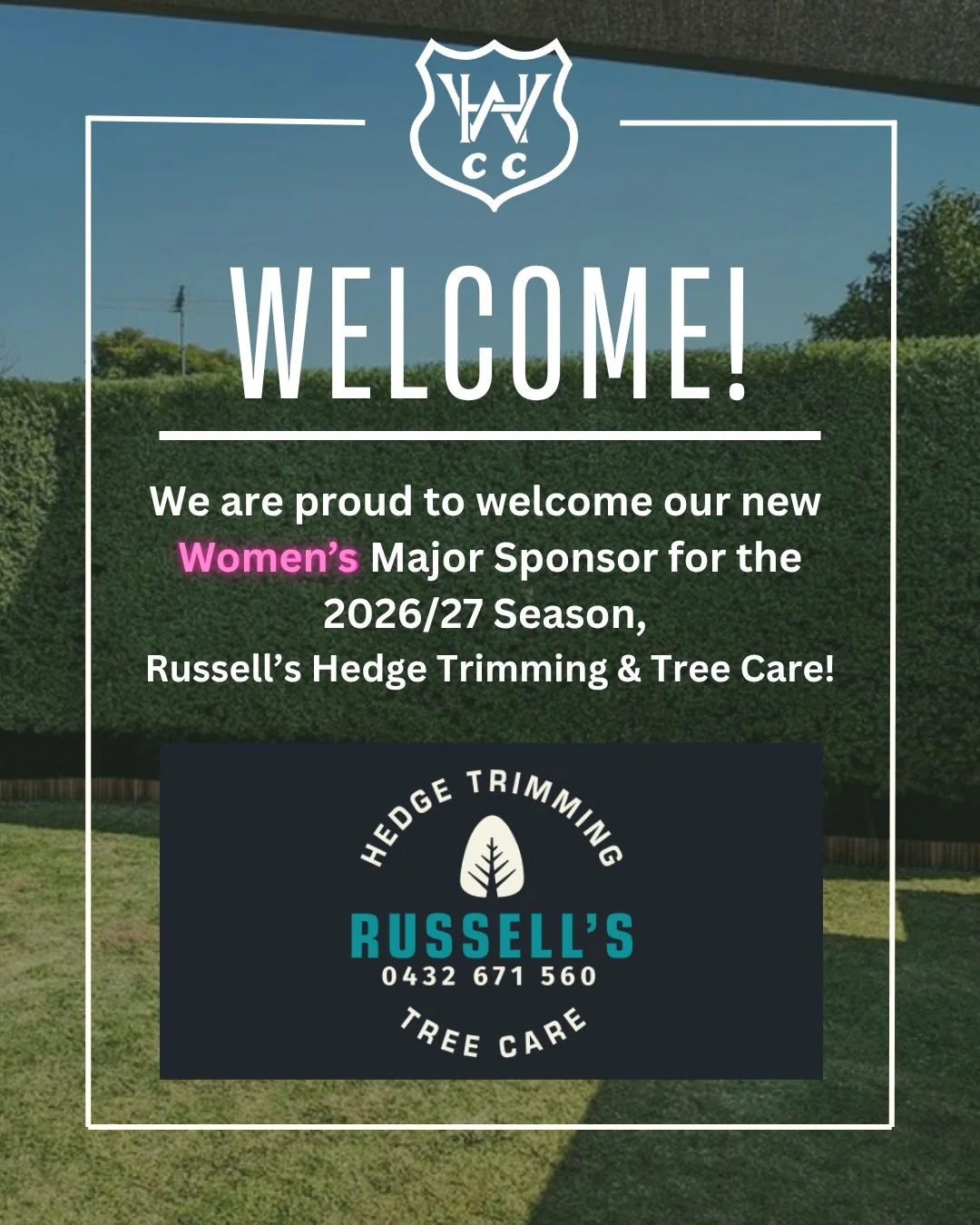We are proud to welcome Russell Hammond and his business Russell's Tree Care and Hedgetrimming as a Major Sponsor of our Inaugural Women's Team for Season 2026/27 🩷🏏